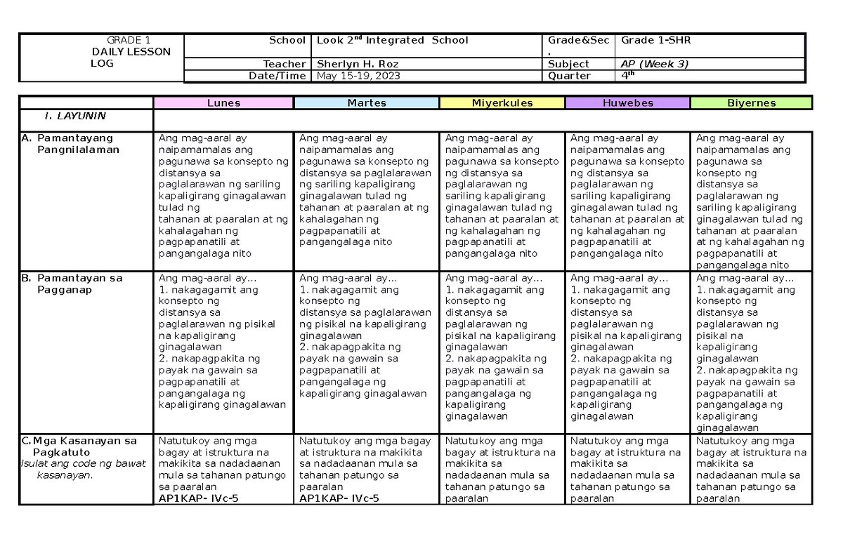 Q4 AP1 DLL Grade 1 Daily Lesson Log - Week 3 - Studocu