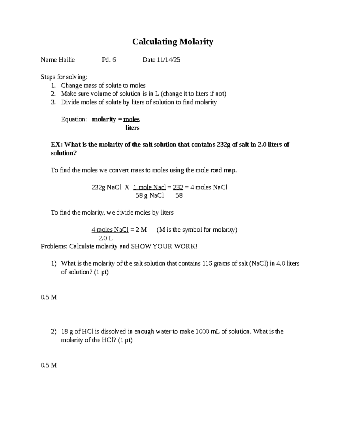 Calculating Molarity - Chem Assignment (Pd. 6) - Studocu