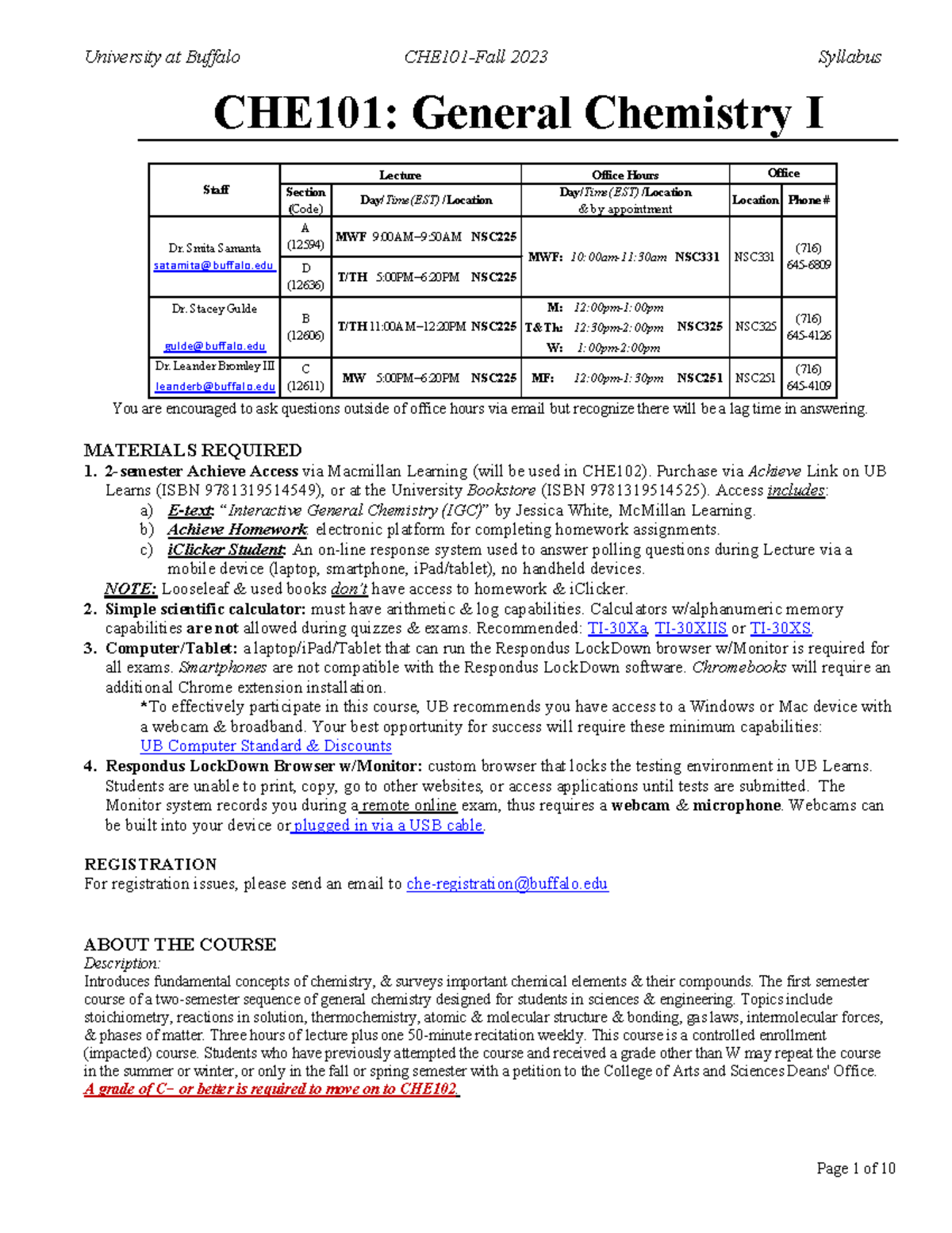 101 Syllabus Fa2023 In Person - CHE101: General Chemistry I You are ...