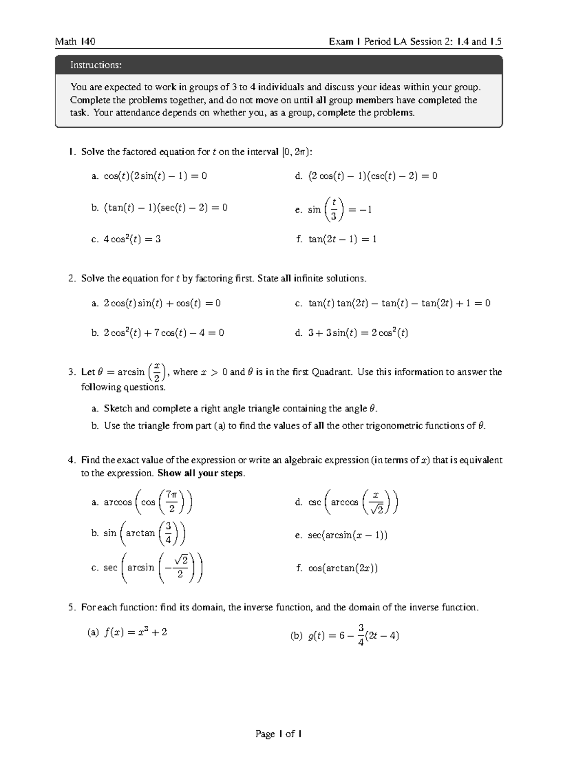Math 140 Exam 1 Group Work: Solving Trigonometric Equations - Studocu