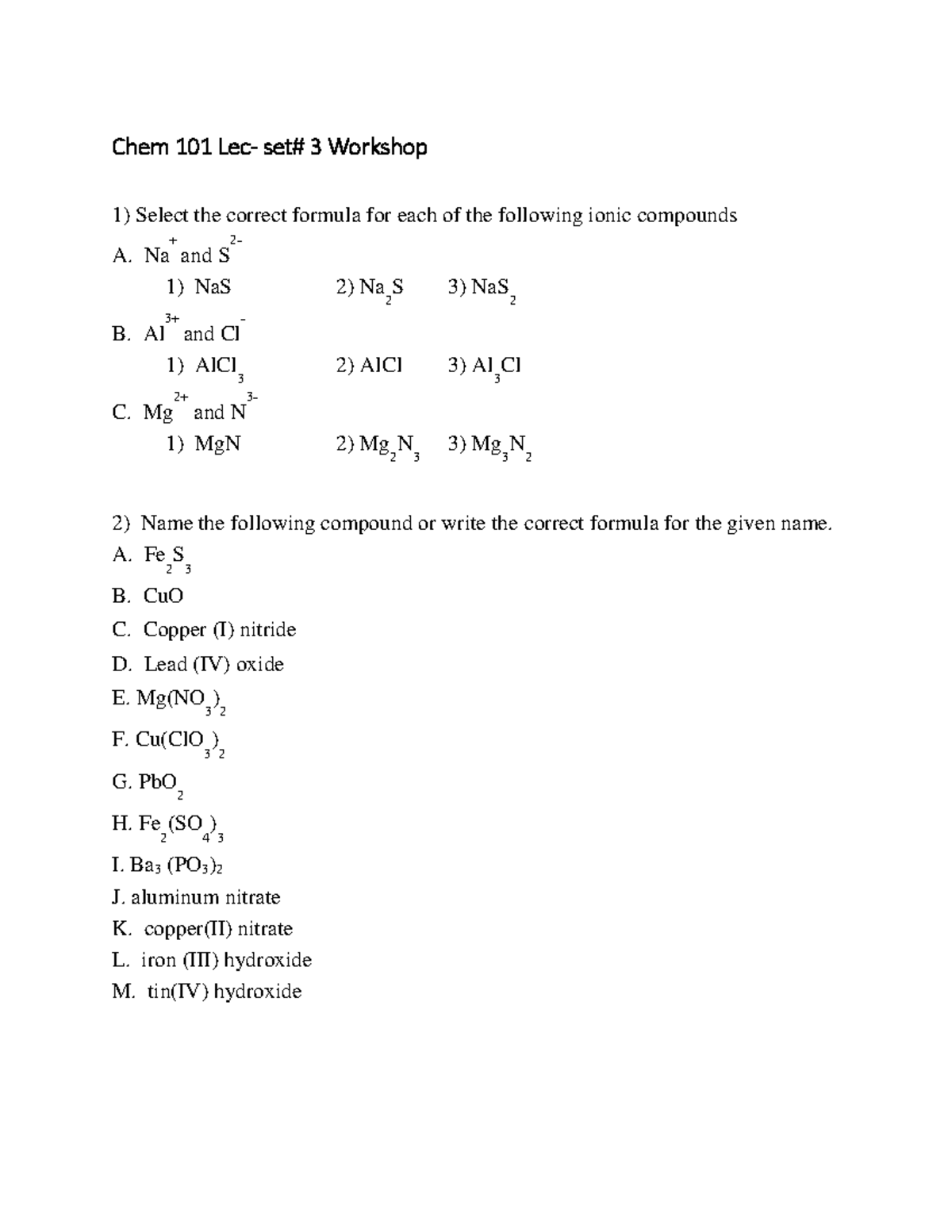 Chem 101 Lecture Workshop #3: Ionic Compounds & Balancing Equations ...