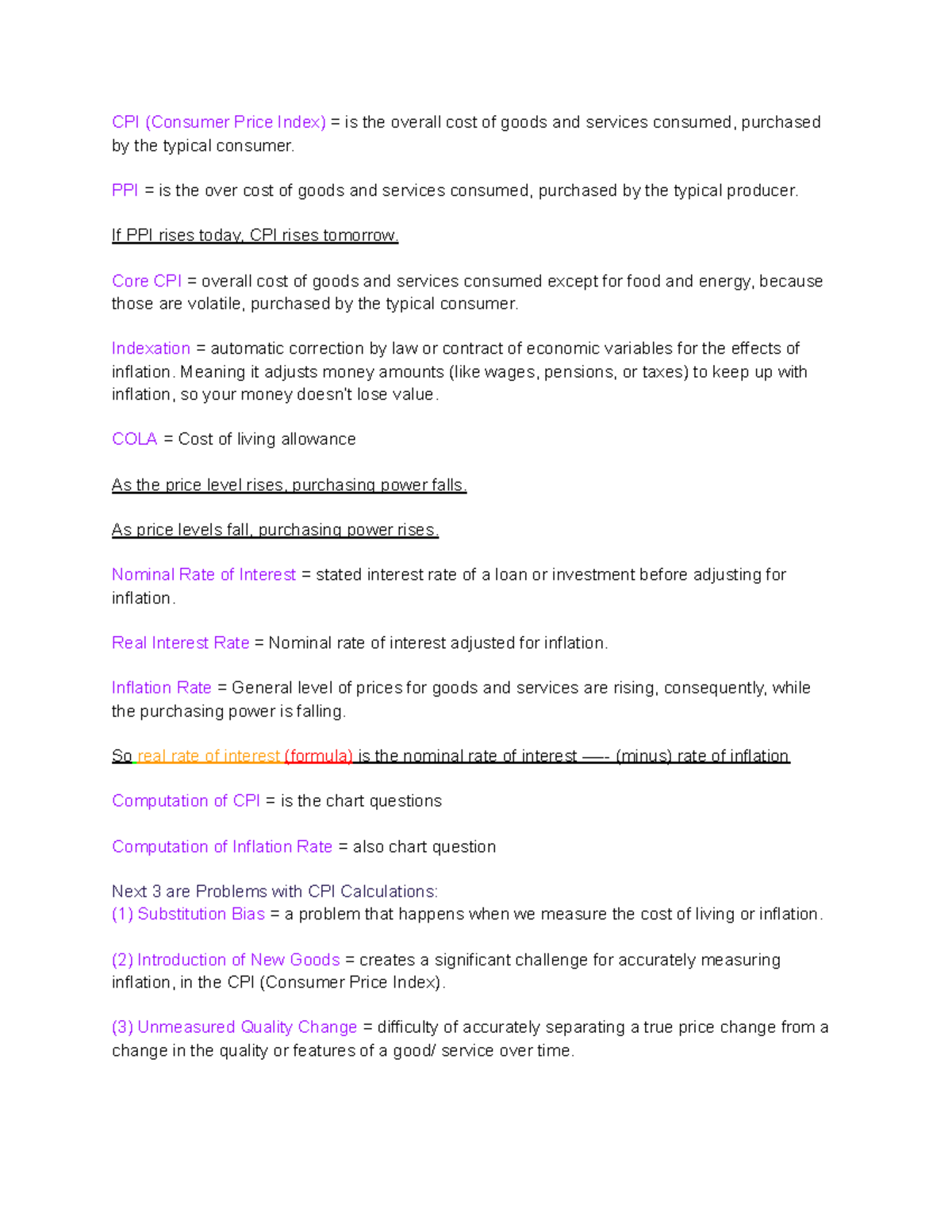 Econ 201: Midterm Review on CPI, PPI, and Inflation Concepts - Studocu