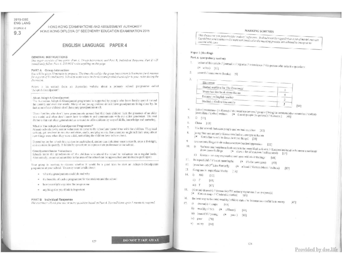 ENG LANG DSE 2015 PAPER 4 MARKING SCHEMES AND ANSWERS - Studocu