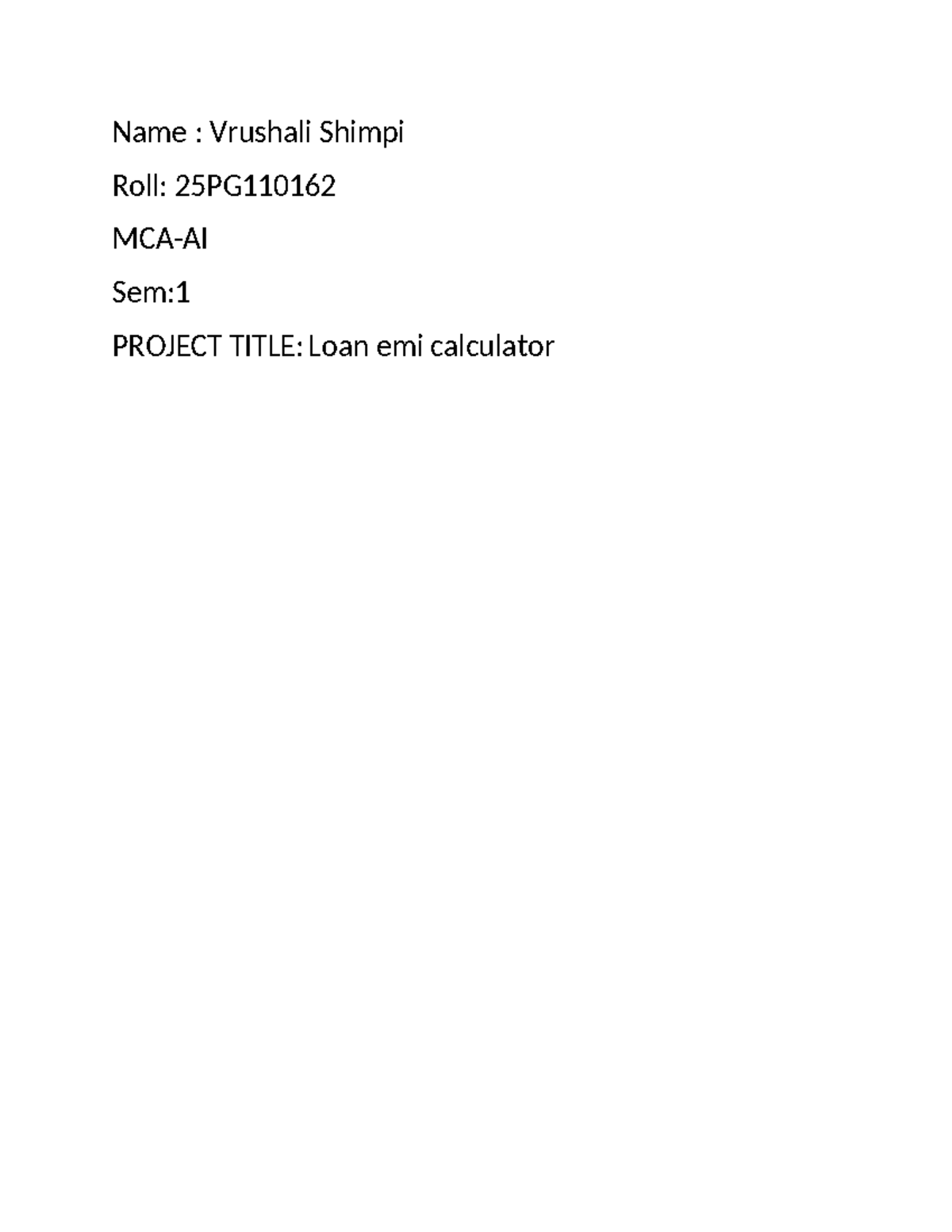Loan EMI Calculator Project (25PG110162) - Java Implementation - Studocu