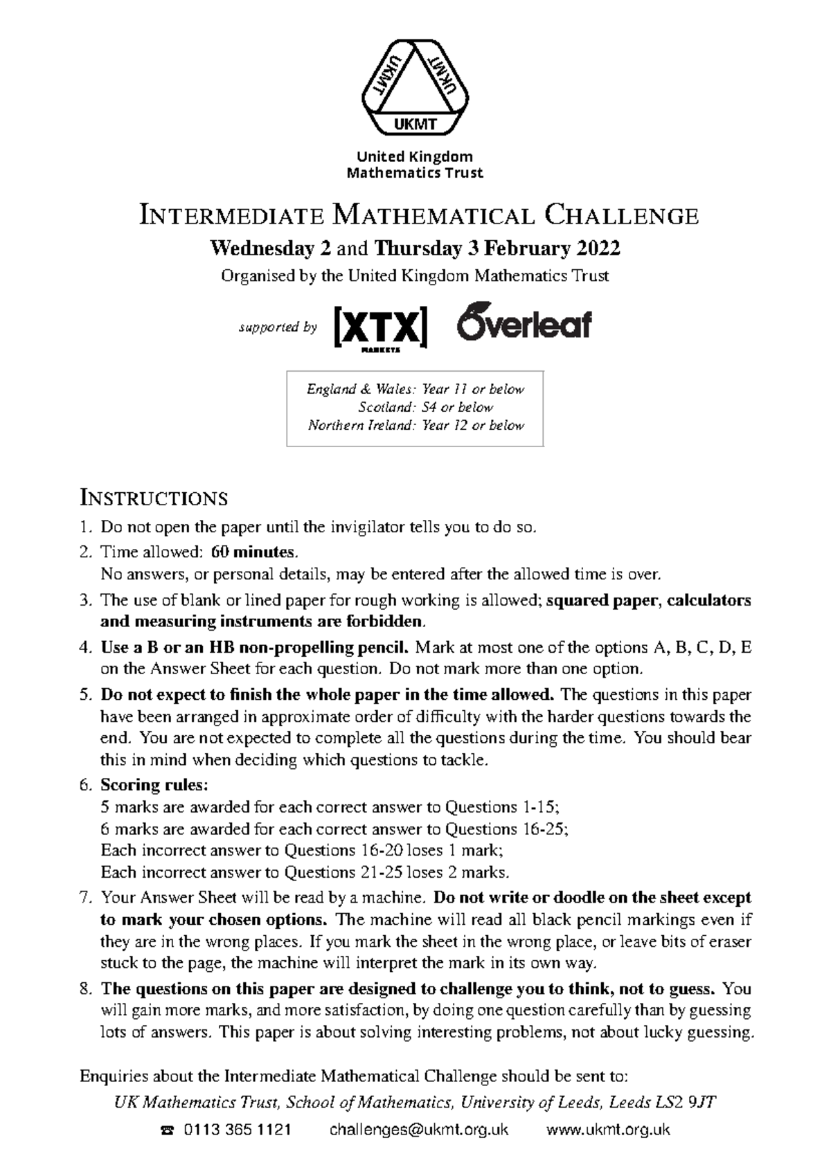 IMC 2022 Intermediate Mathematical Challenge Paper 1 - Studocu