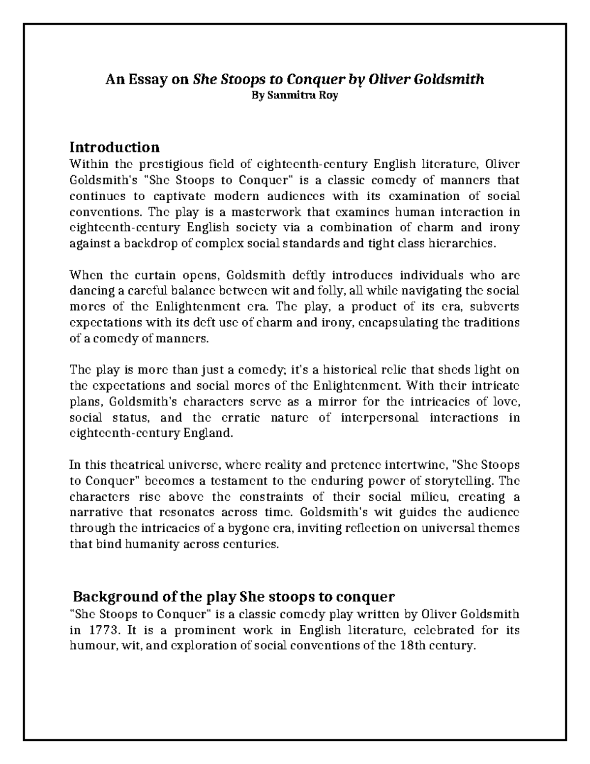 She Stoops to Conquer (ENG 101) - An In-Depth Essay Analysis - Studocu