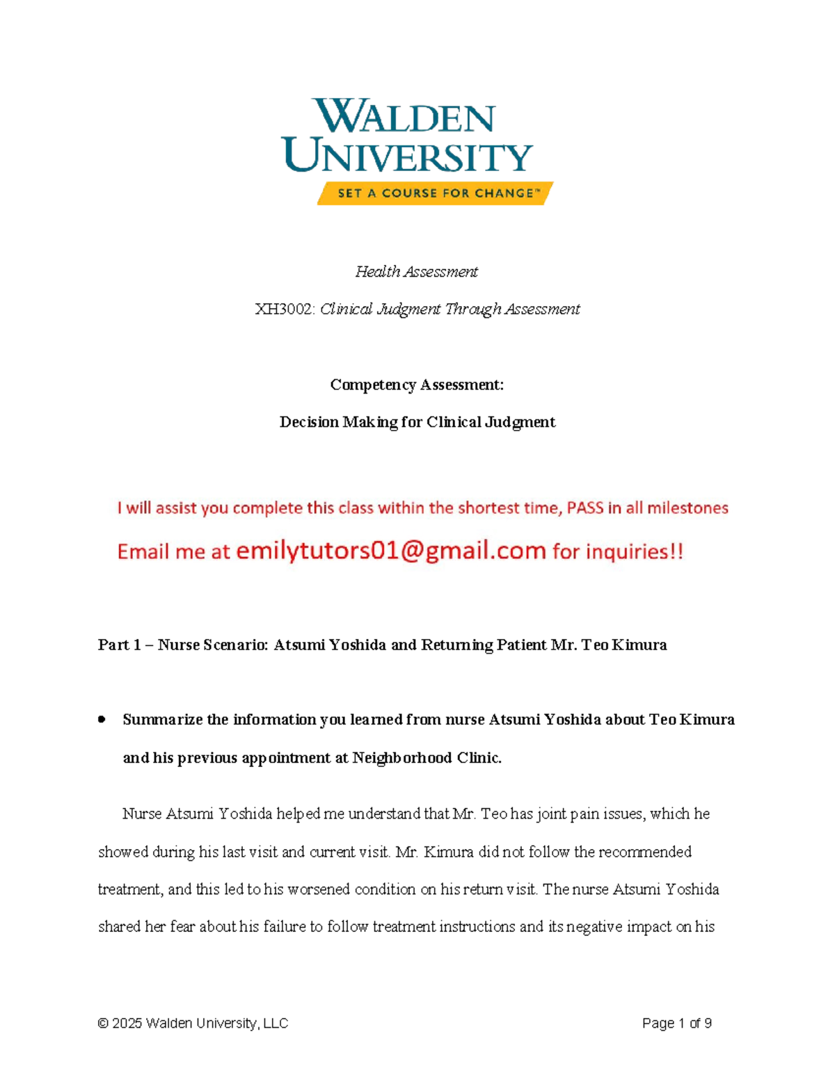 Health Assessment XH3002: Clinical Judgment in Patient Scenarios - Studocu