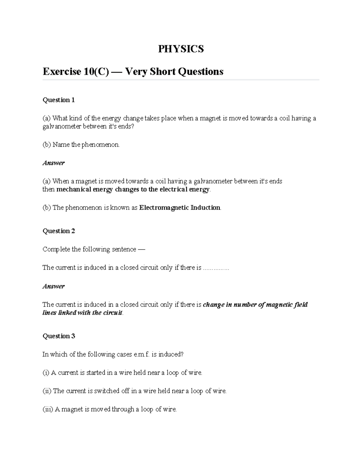 PHYSICS Exercise 10(C) - Short Questions on Electromagnetic Induction ...