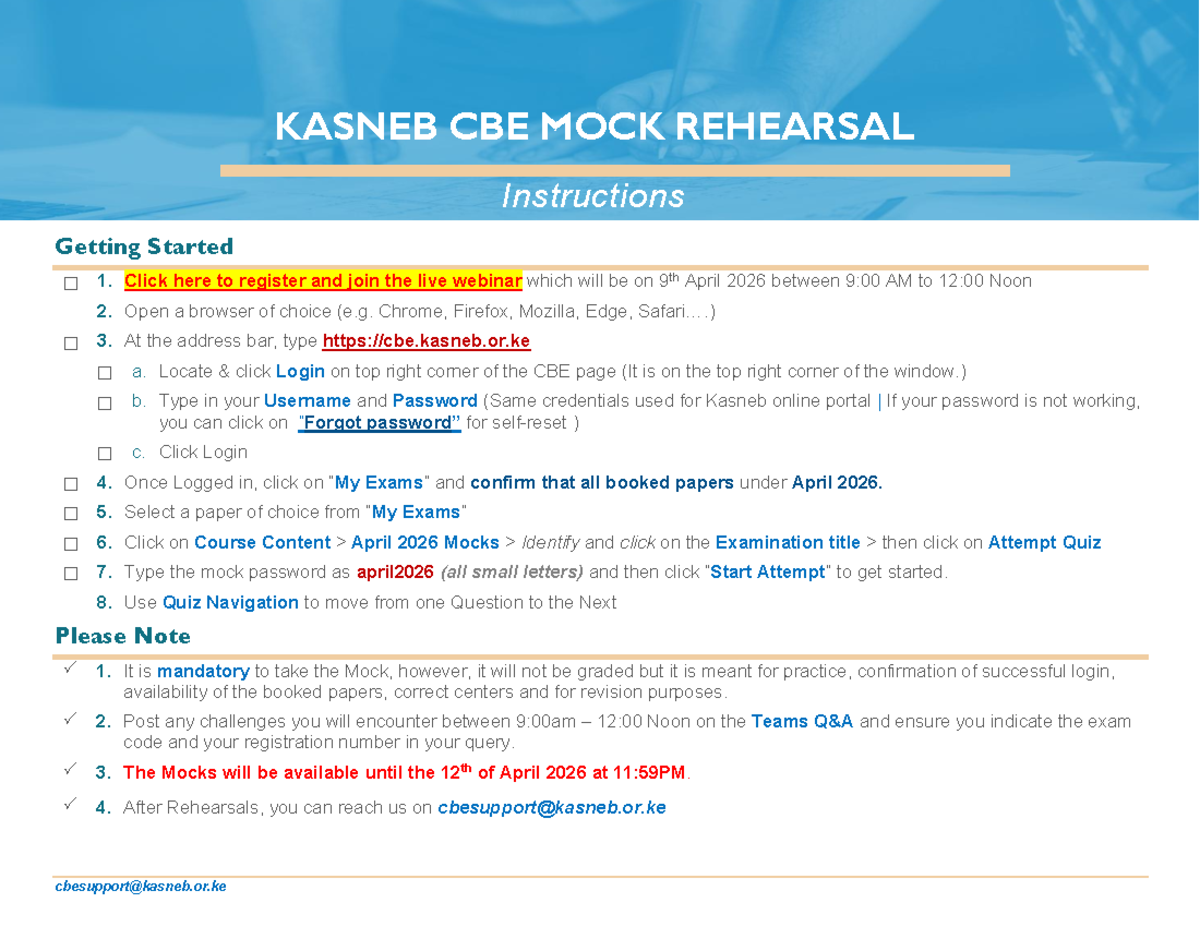 KASNEB CBE MOCK REHEARSAL Instructions for April 2026 - Studocu