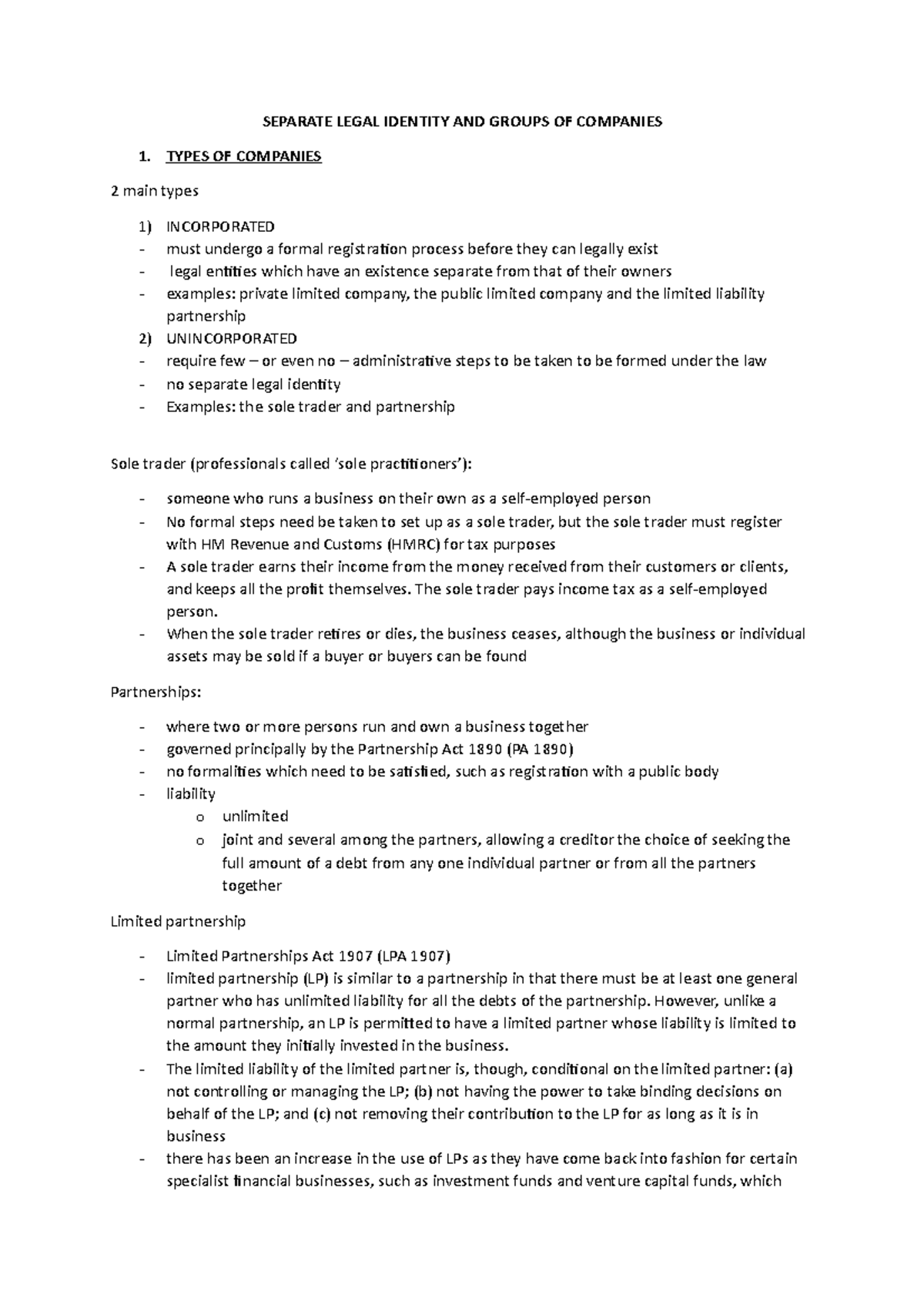 EXAM Notes - Separate Identity - SEPARATE LEGAL IDENTITY AND GROUPS OF ...