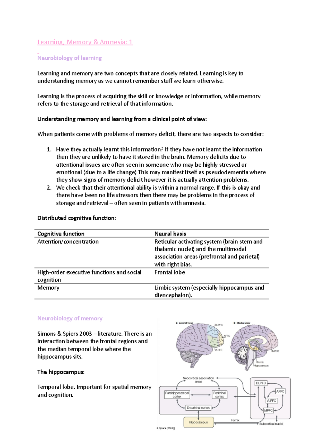 Learning, memory and amnesia 1 - Learning, Memory & Amnesia: 1 ...
