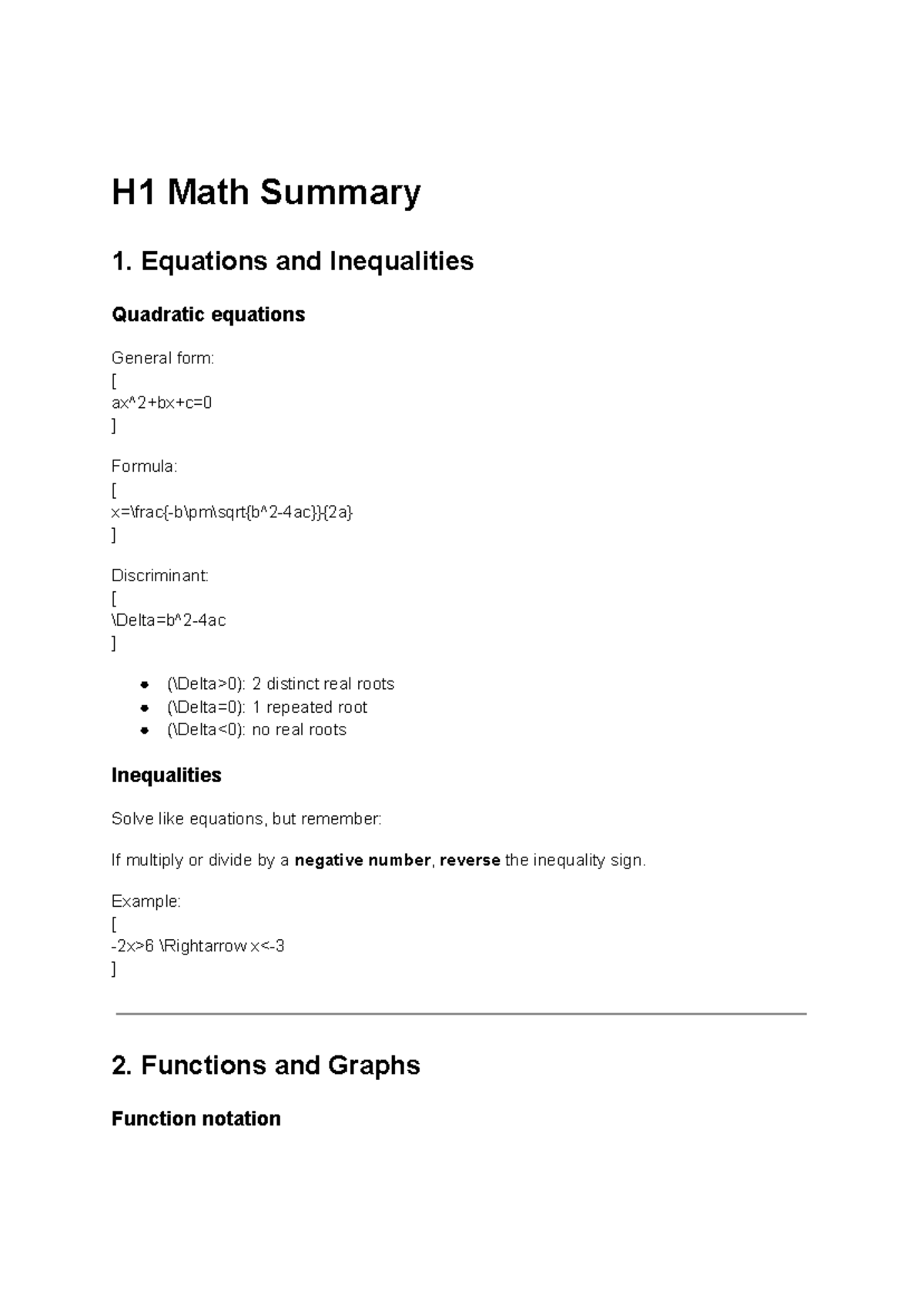 H1 Math Summary: Key Concepts in Equations, Functions, and More - Studocu