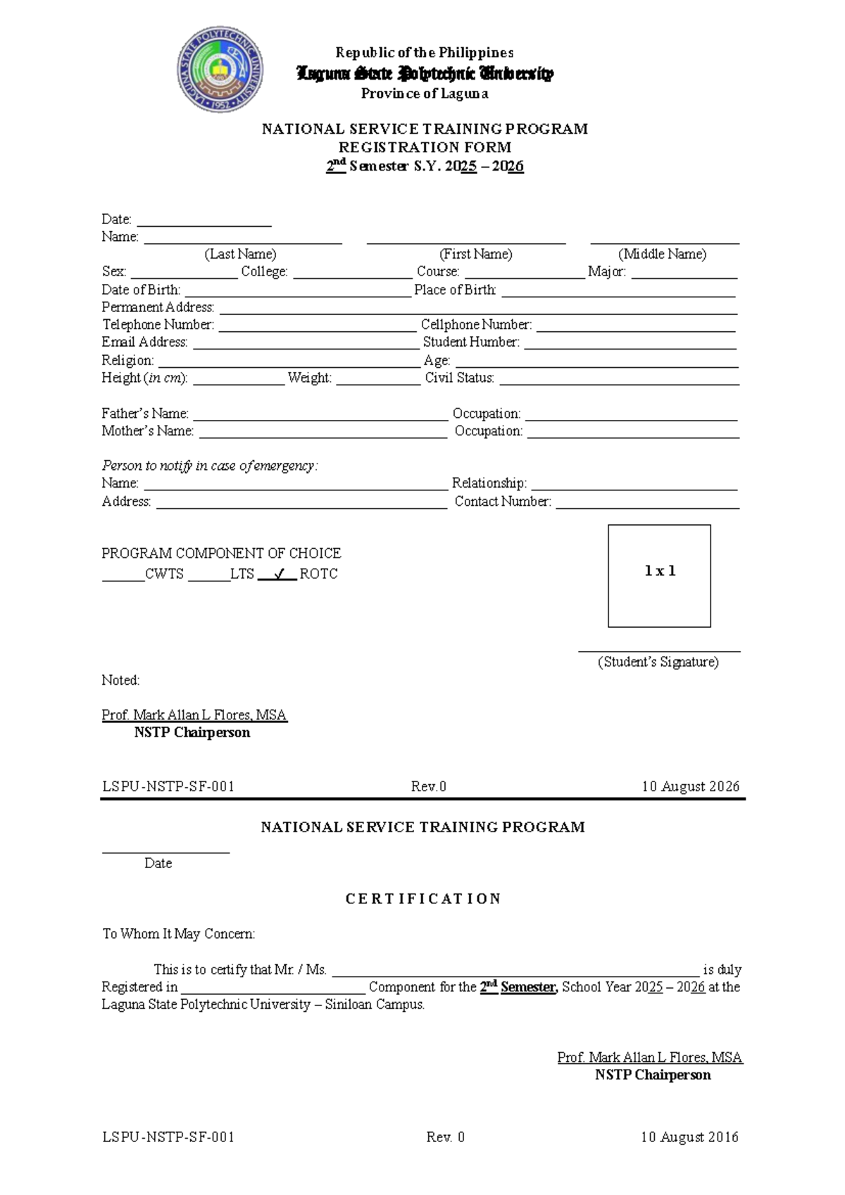 NSTP Registration Form 2nd Sem S.Y. 2025-2026 - Laguna State Poly U ...
