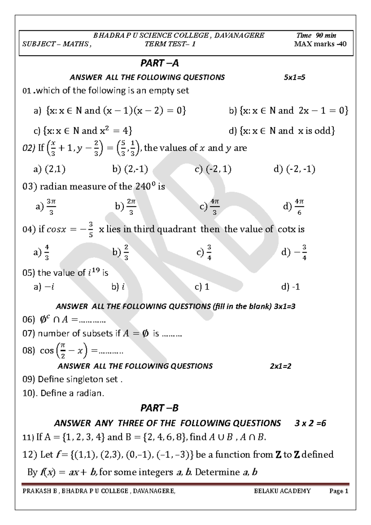 MATHS T1 - Term 1 Exam Questions & Answers, Bhadra P U College - Studocu