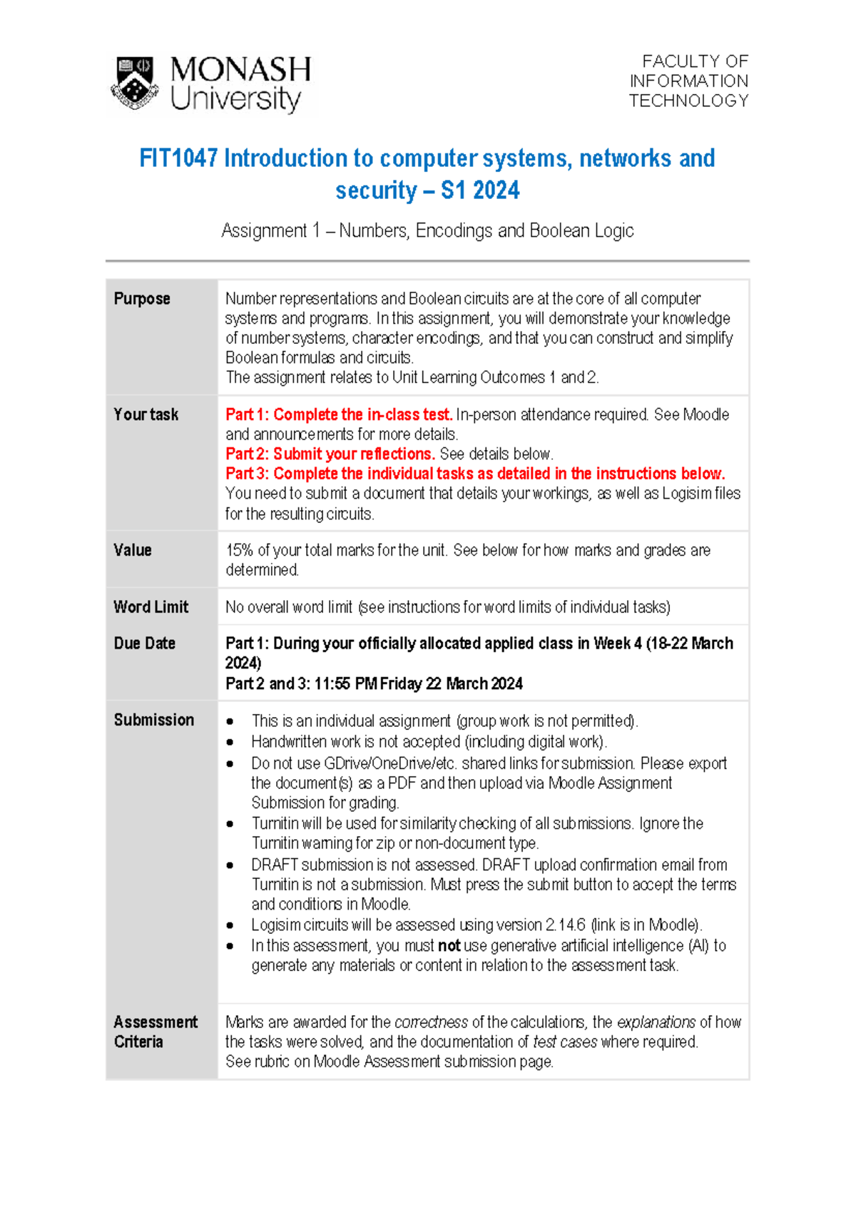 FIT1047 S1 2024 MA Assignment 1: Numbers and Boolean Logic Tasks - Studocu