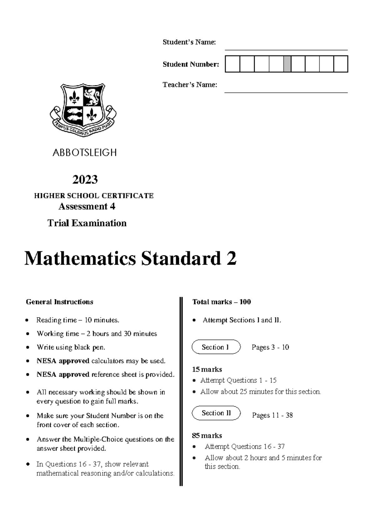 2023 HSC Trial Exam: Mathematics Standard 2 Assessment 4 - Studocu