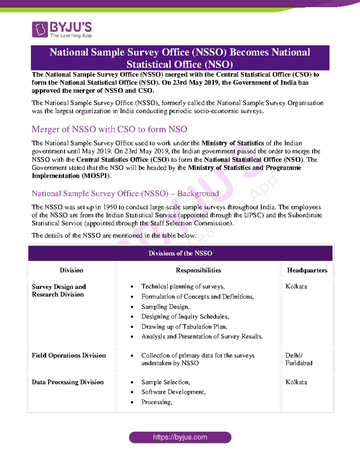 NSSO, CSO & NSO: UPSC Notes on Statistical Office Merger - Studocu