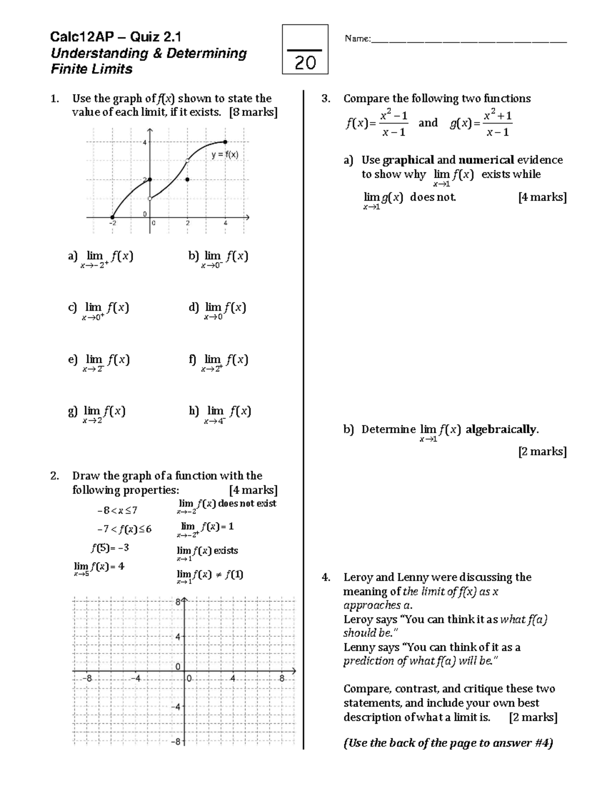 Calc12AP Quiz 2.1: Understanding Finite Limits and Their Properties ...