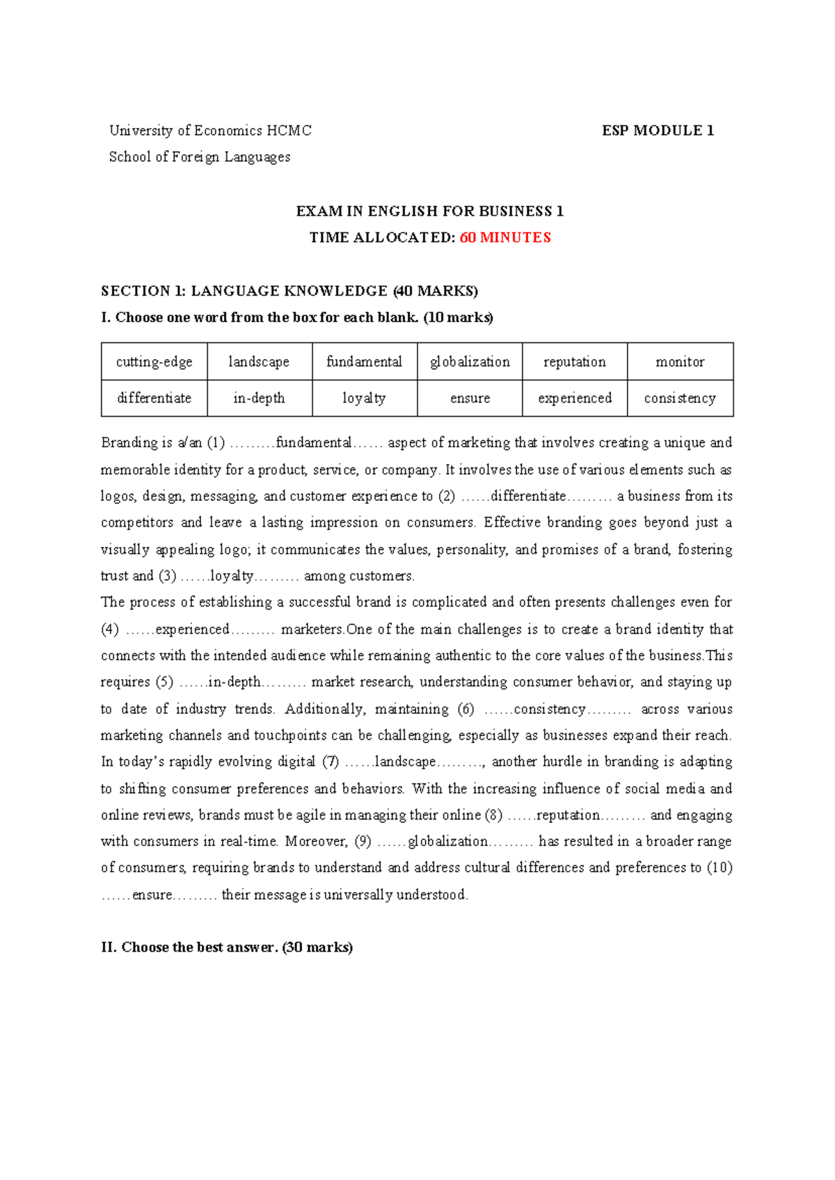 ESP Module 1 Exam: English for Business - University of Economics HCMC ...