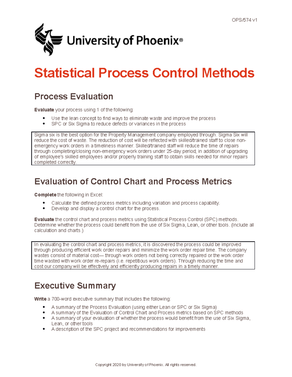 OPS/574 v Statistical Process Control & Sigma Six Improvement Report ...