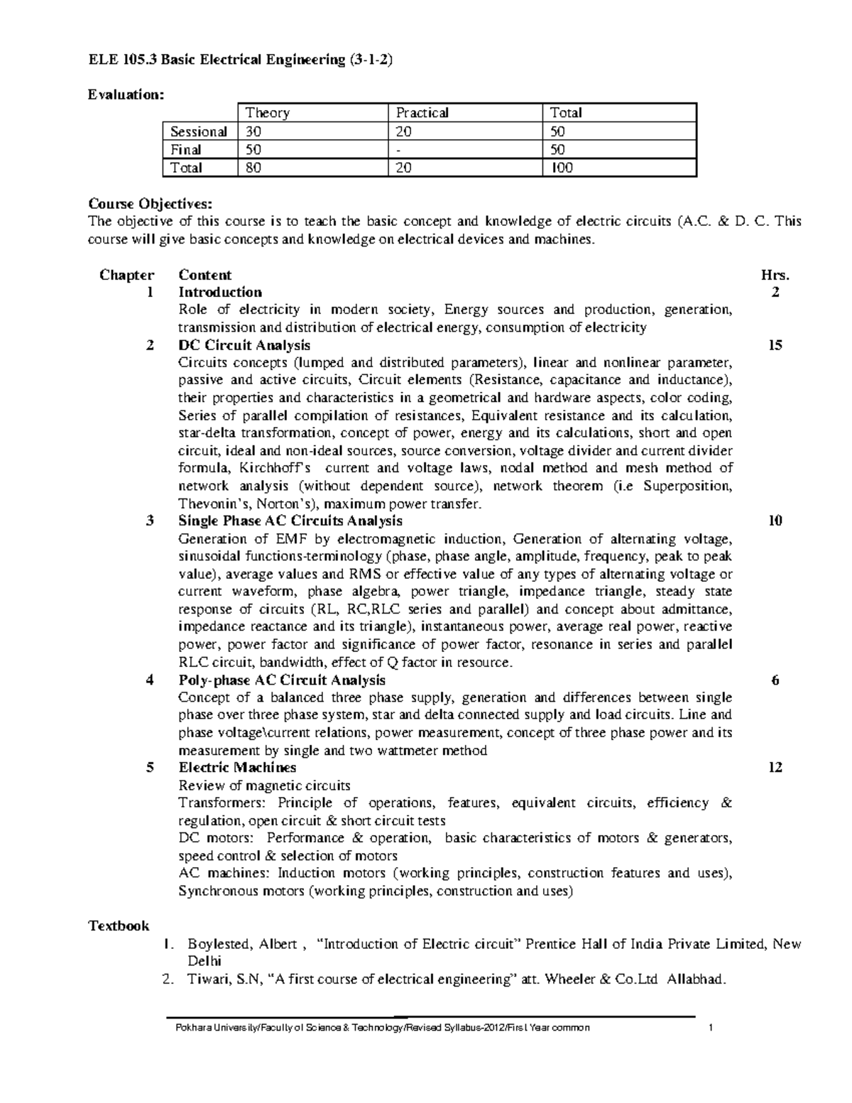 ELE 105.3 Basic Electrical Engineering: Sessional Final Evaluation ...