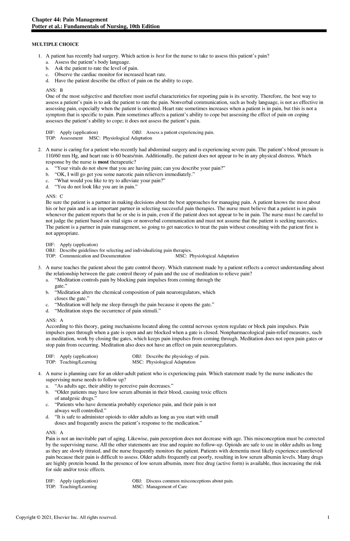 Exam View - Chapter 44: Pain Management Essentials in Nursing - Studocu