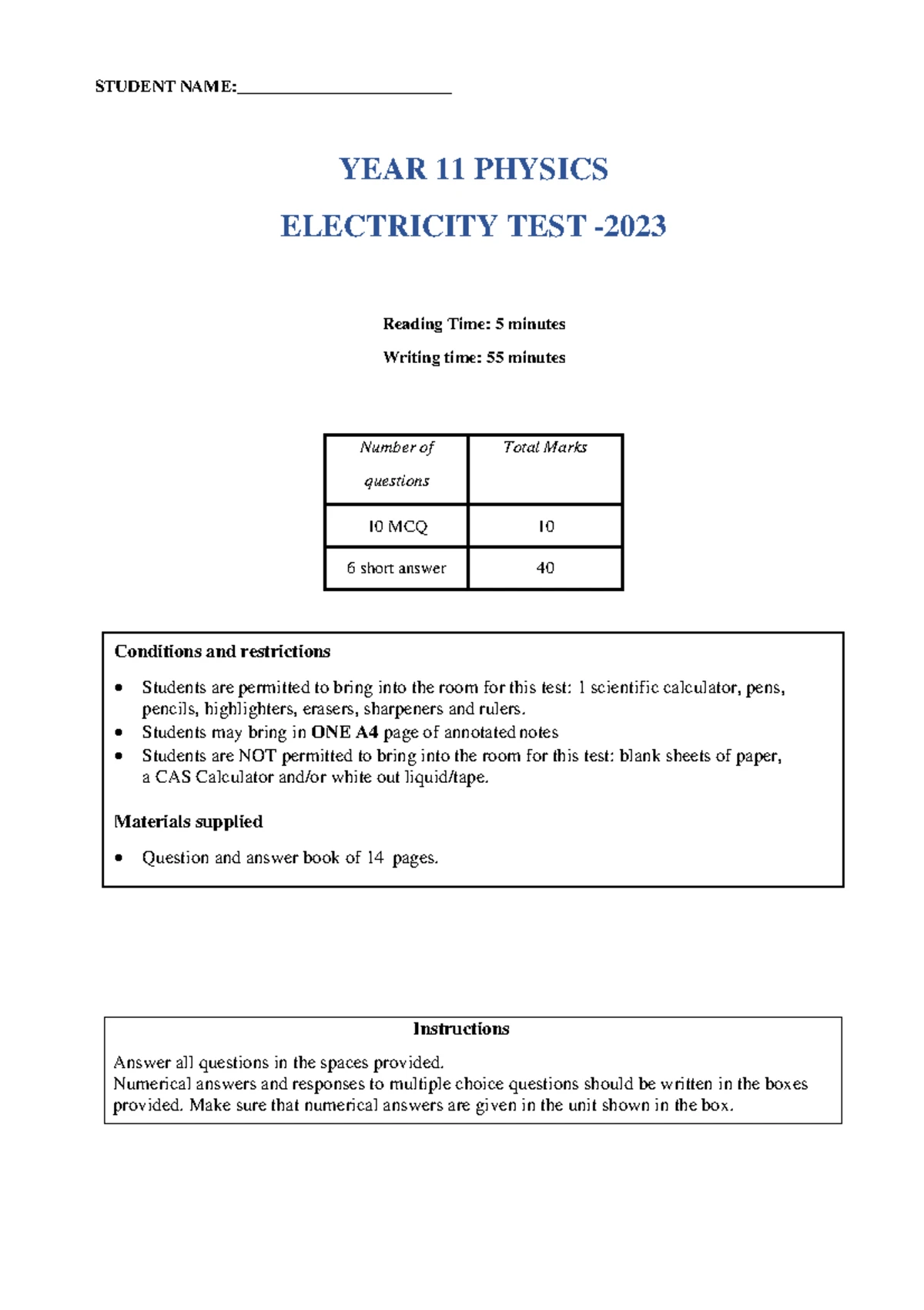 Test 6: Circuit Electricity - 11PHY Chapter 6 Exam Questions - Studocu