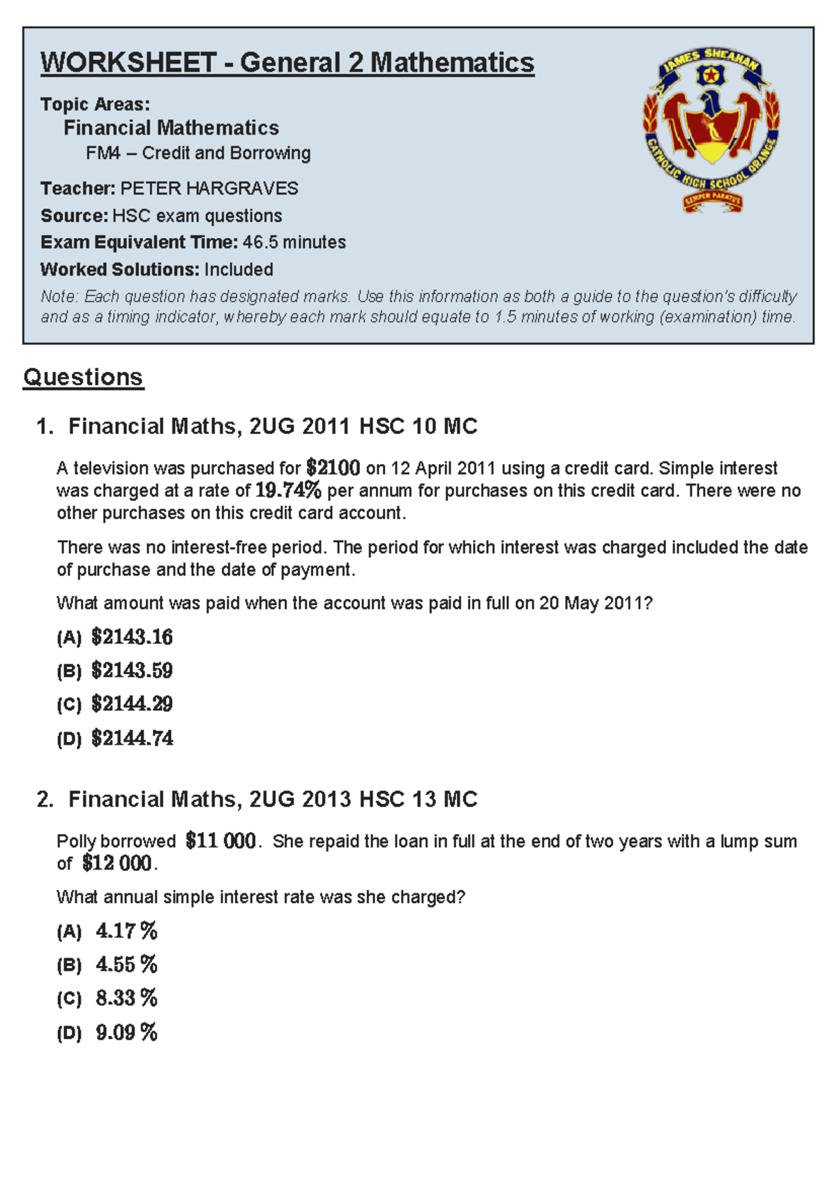 Financial Maths Practice - WORKSHEET General 2 Mathematics Topic Areas ...