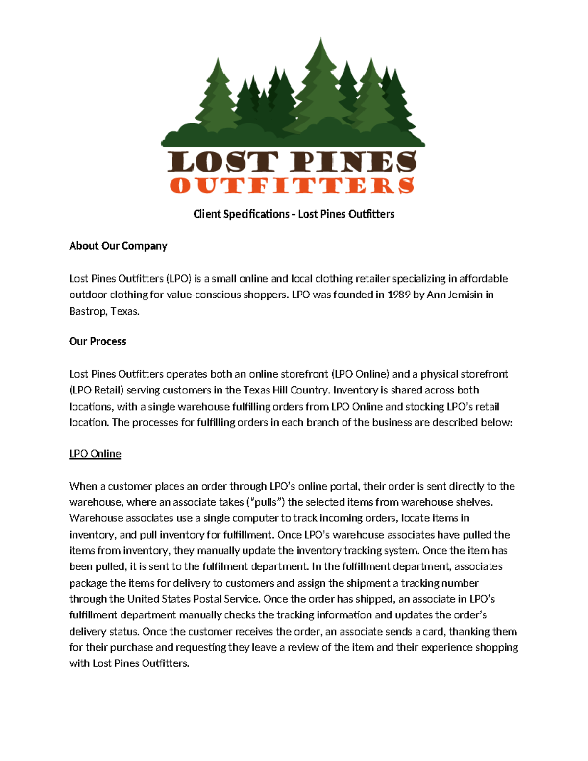 Module 8: Client Specifications for Lost Pines Outfitters - Studocu
