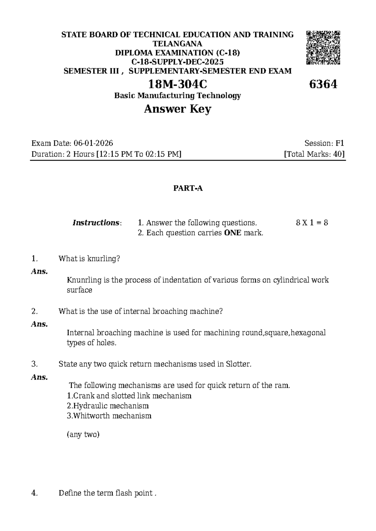 6364 Basic Manufacturing Technology End Exam Answer Key - Studocu