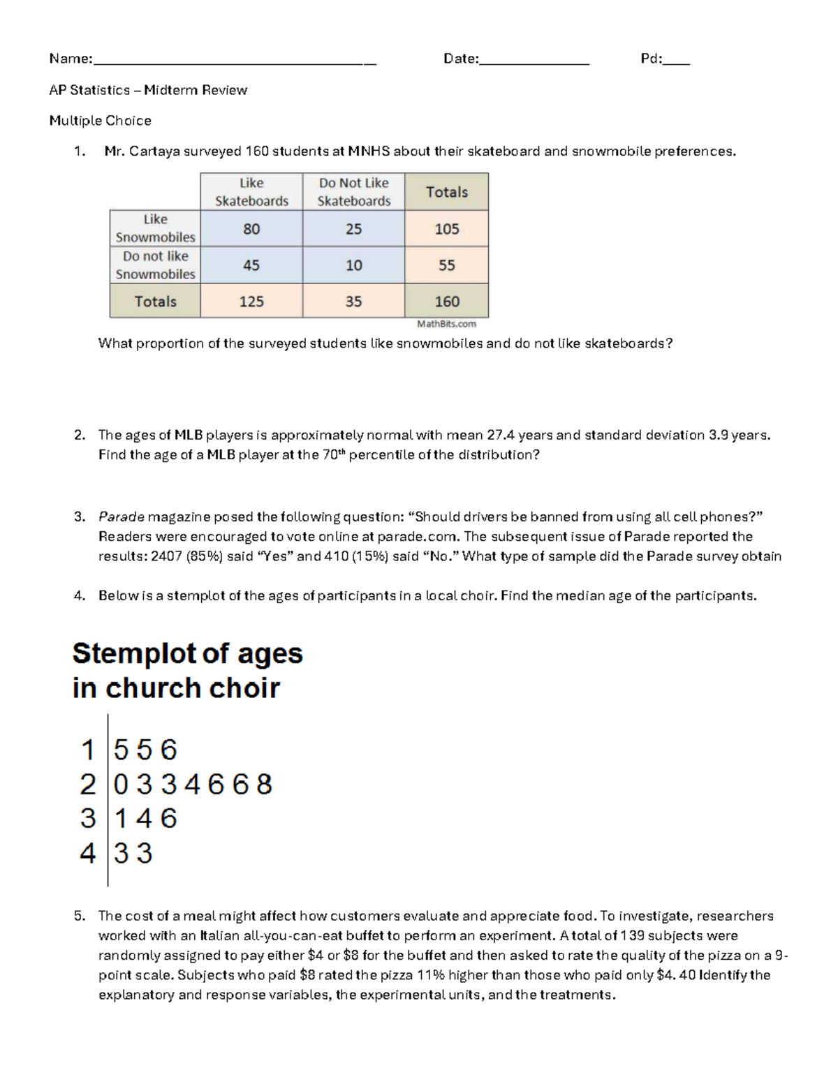 AP Statistics Midterm Review 2024-2025: Key Concepts & Problems - Studocu