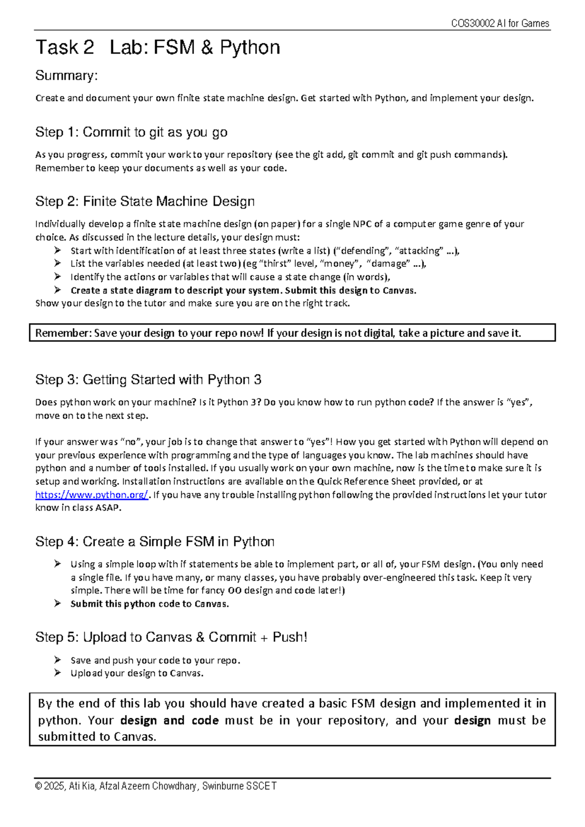 Task 02 Lab - FSM and Python - COS30002 AI for Games © 2025, Ati Kia ...