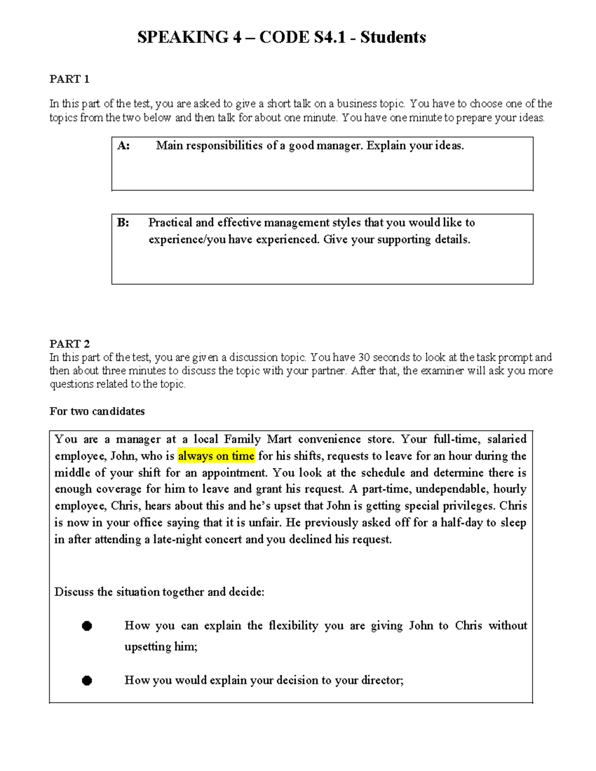 Speaking 4- for Students-Sample - SPEAKING 4 – CODE S4 - Students PART ...