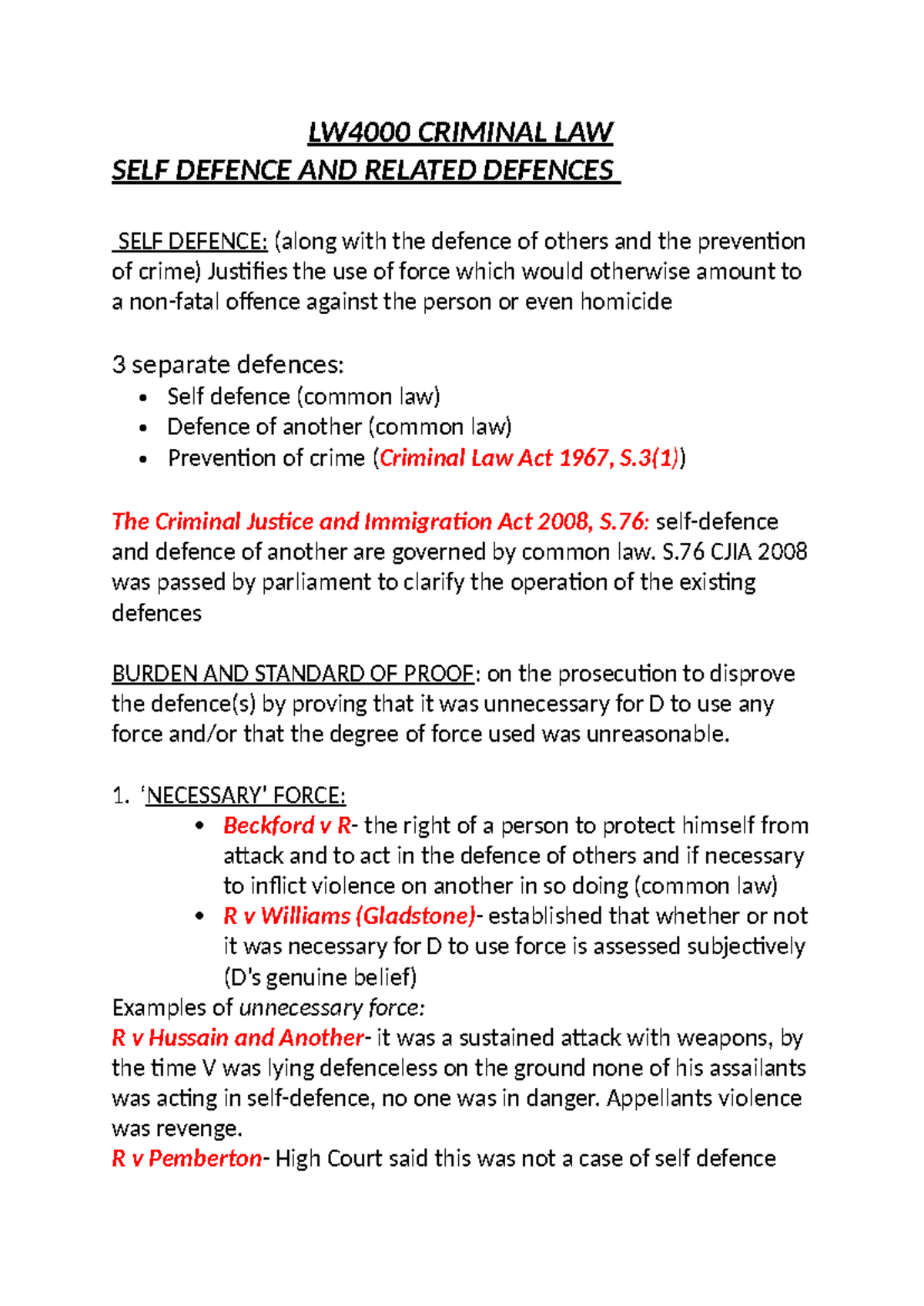 CRIMINAL LAW WK 1: Self Defence & Related Defences Overview - Studocu