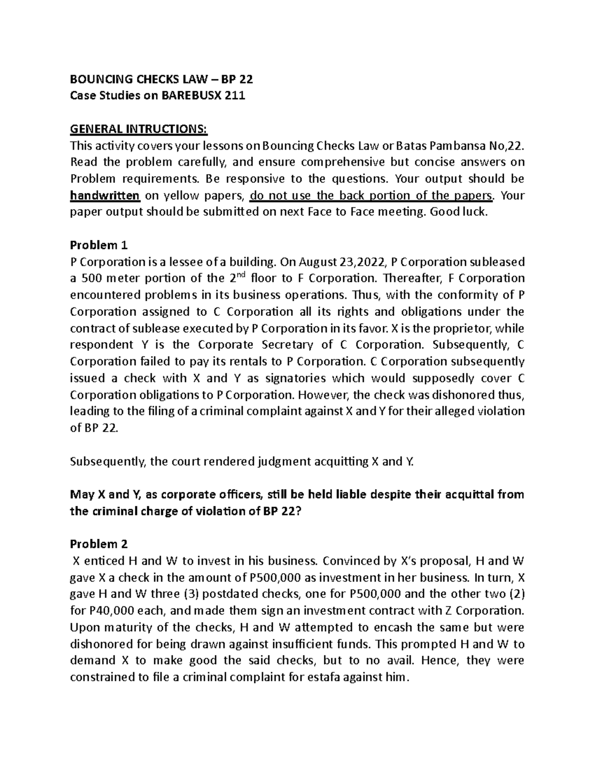 Asynchronous Activity 1: Case Studies on Bouncing Checks Law BP 22 ...