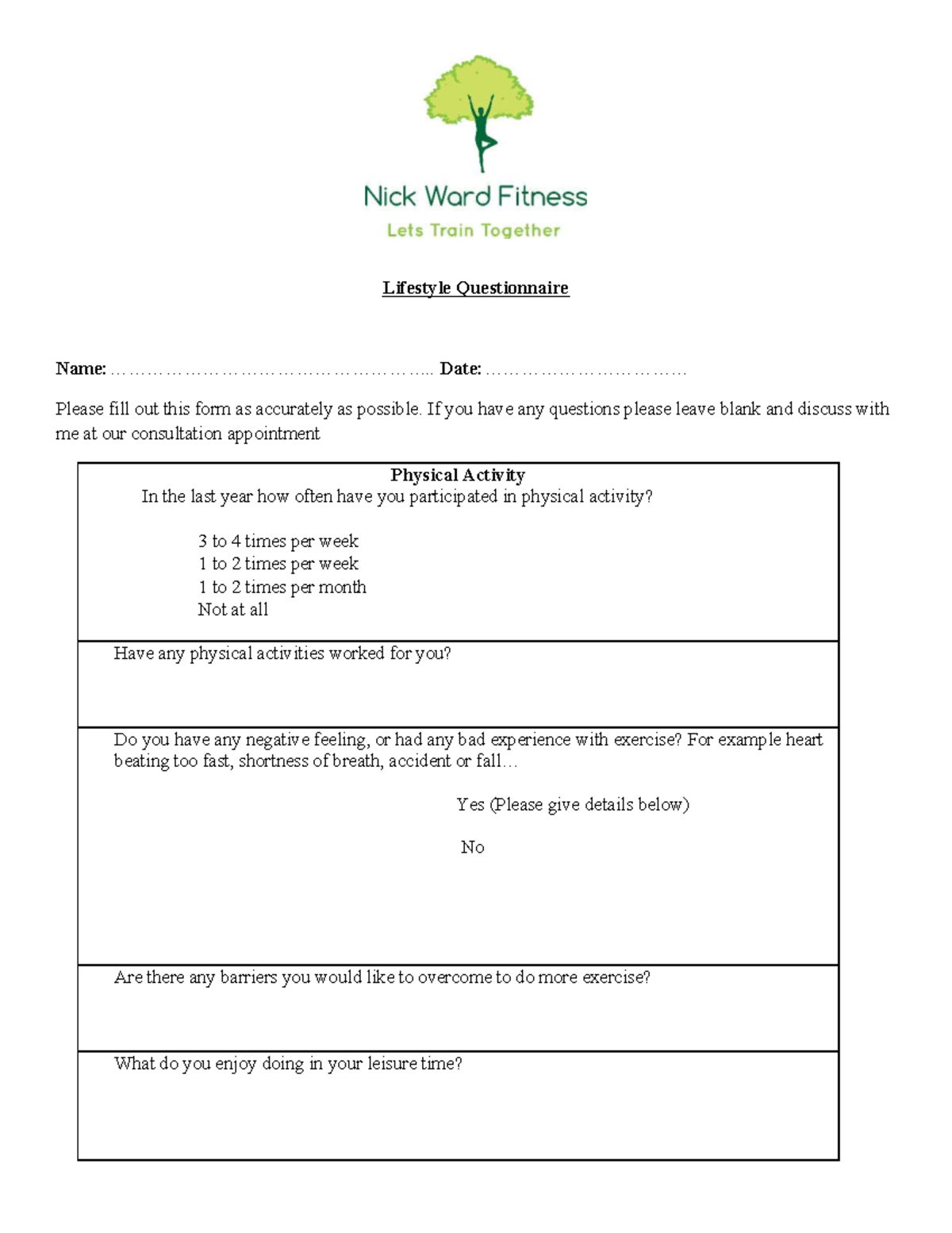 Lifestyle Questionnaire for Physical Activity and Diet Assessment - Studocu
