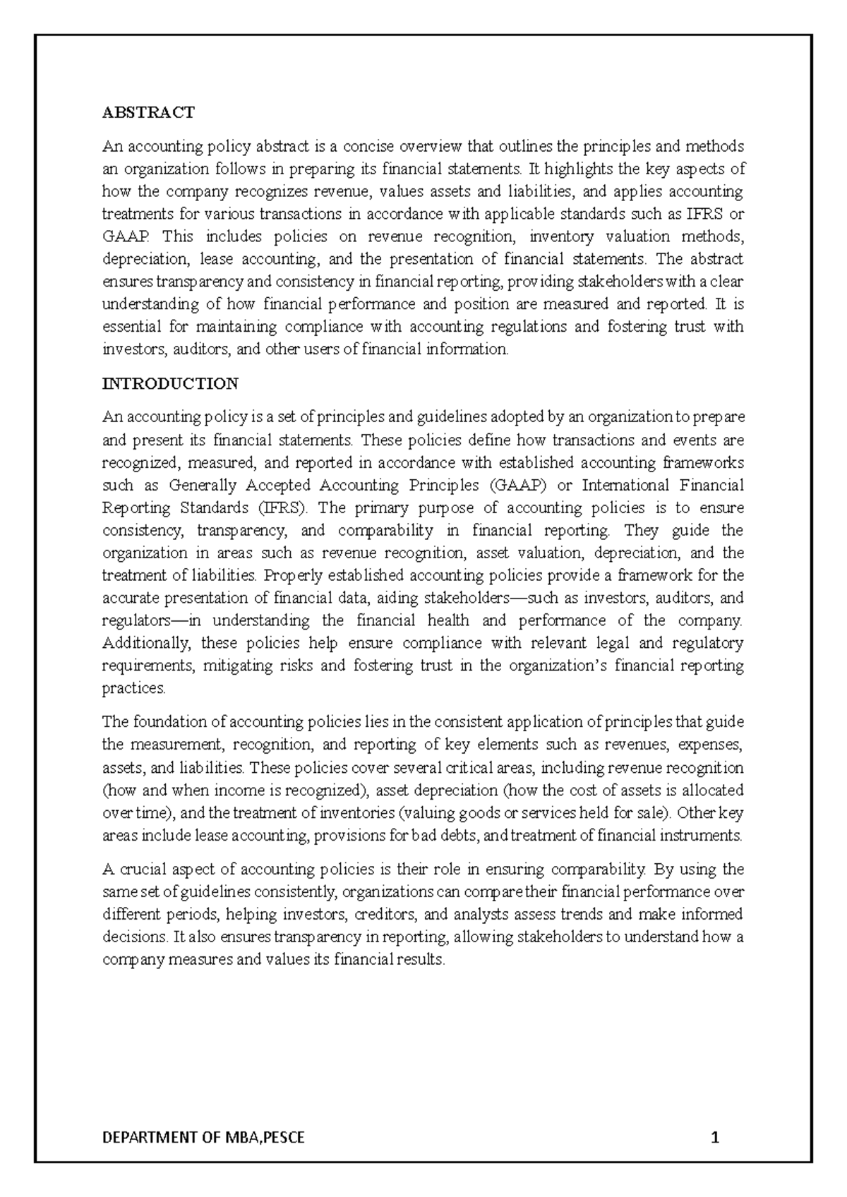 Account - Nyc - ABSTRACT An accounting policy abstract is a concise ...