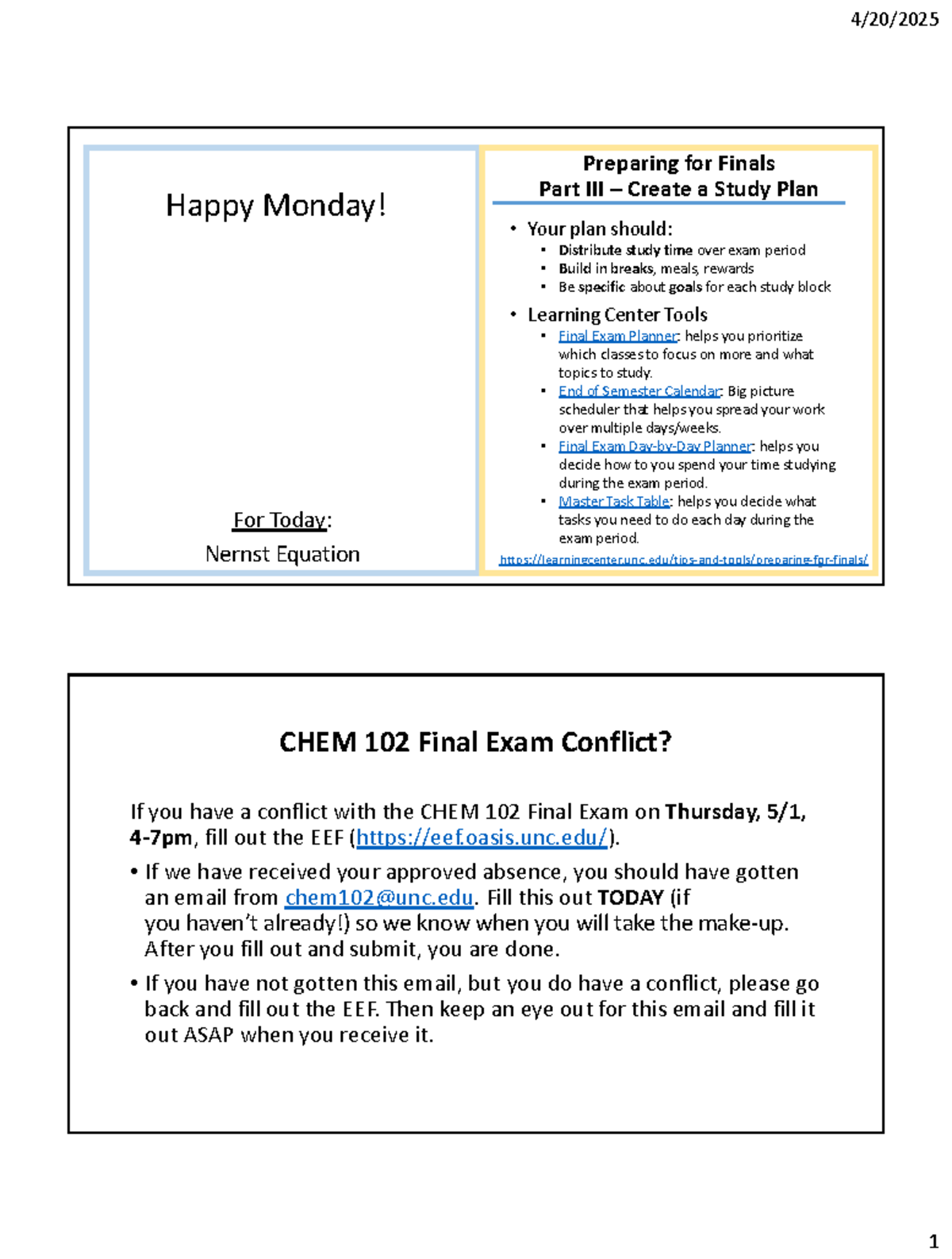 CHEM 102 Final Exam Study Plan: Nernst Equation & Exam Strategies - Studocu