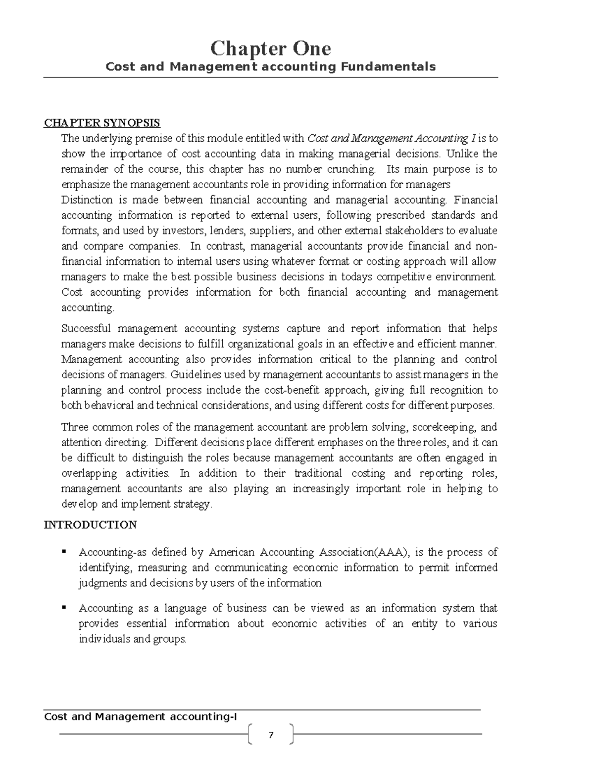 Cost and Management Accounting I: Chapter One Overview and Insights ...