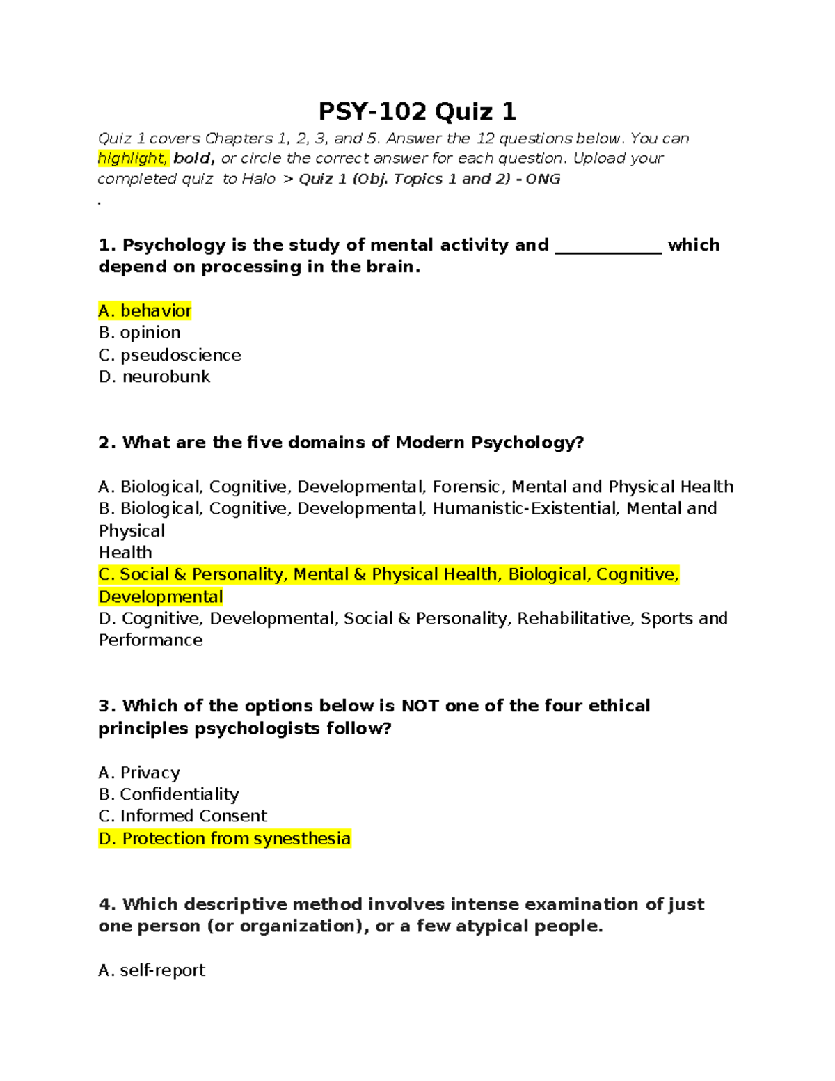 PSY102 Quiz 1: Key Concepts from Chapters 1, 2, 3, and 5 - Studocu