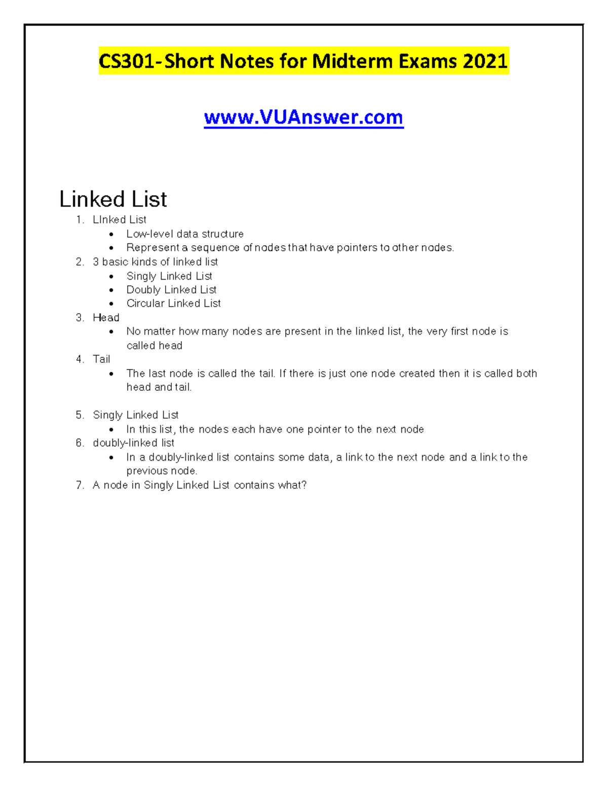 CS301 Midterm Exam Short Notes on Linked Lists and Trees 2021 - Studocu
