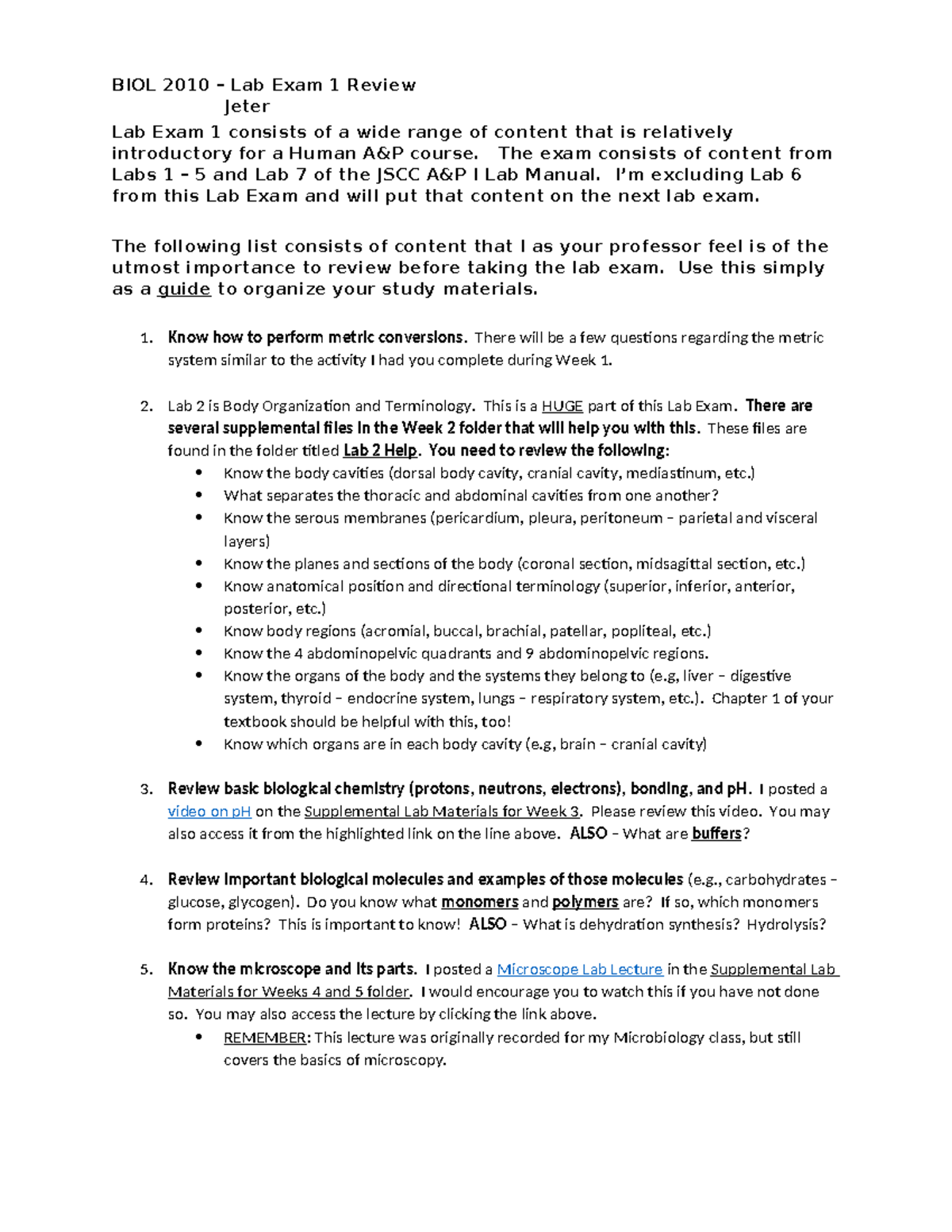 BIOL 2010 Lab Exam 1 Review Guide for A&P Course - Studocu