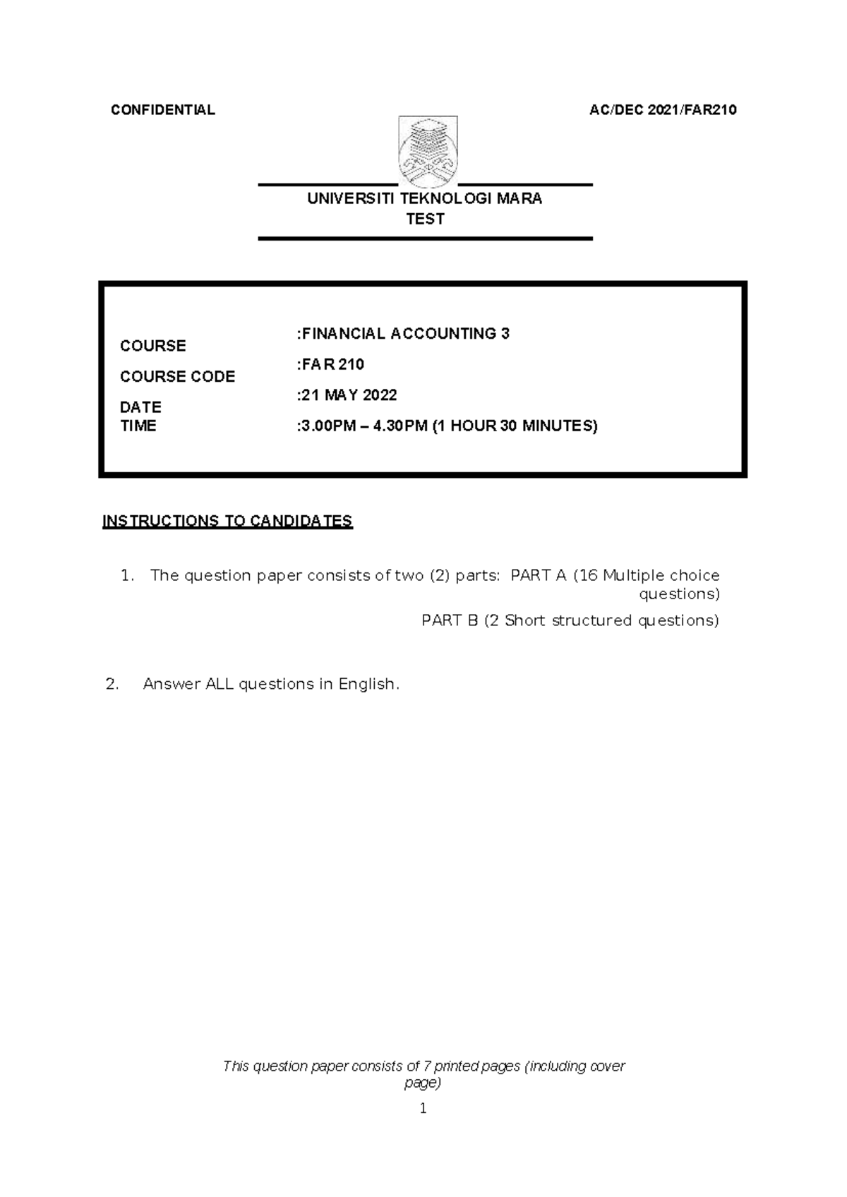 Common Test Q&A for Financial Accounting 3 (FAR210) - May 2022 - Studocu