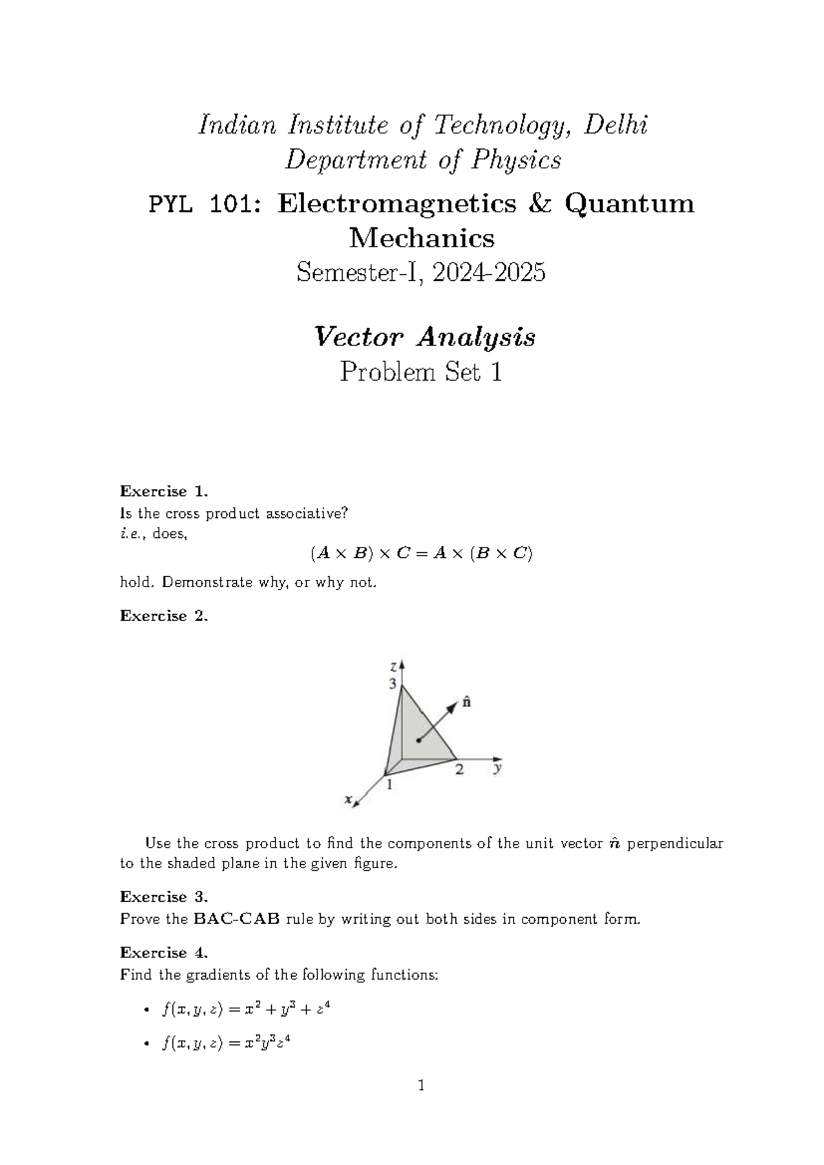 PYL 101: Electromagnetics Vector Analysis Problem Set 1 Solutions - Studocu