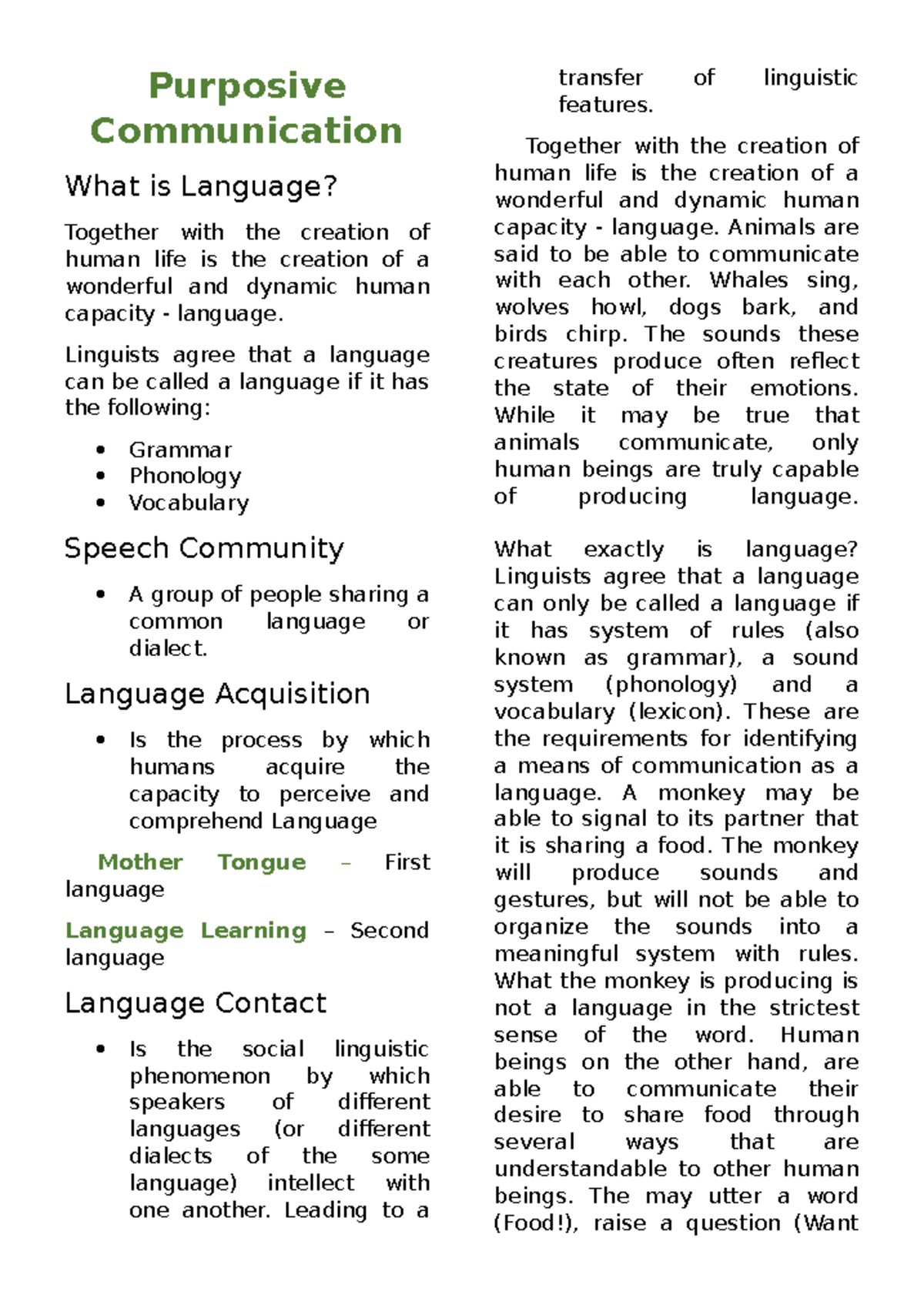 Midterm Notes on Language and Communication (Course Code: LING 101 ...