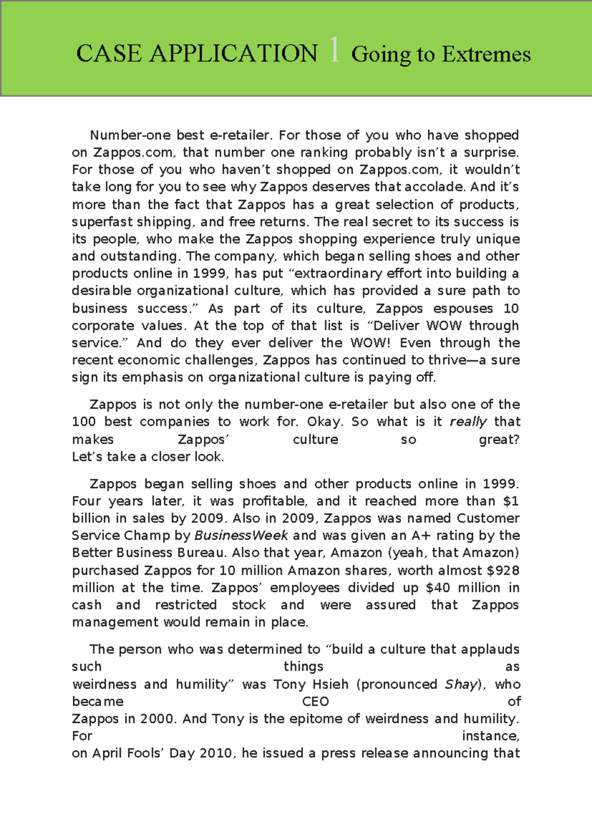 Management Case Study: Zappos' Unique Organizational Culture (Ch 3 ...
