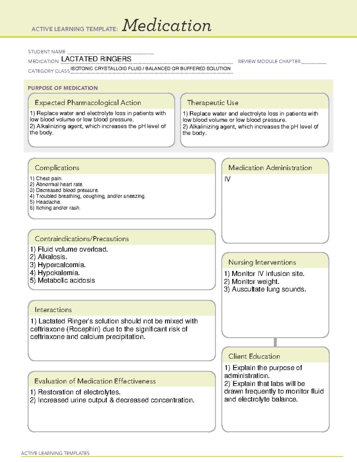 Active Learning Medication Template - Lactated Ringer's Solution - Studocu