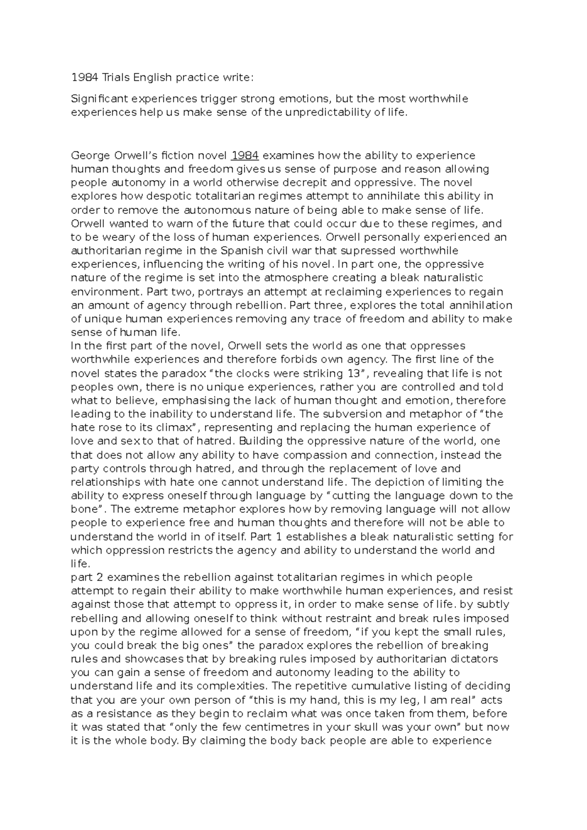 1984 Trials: Analyzing Human Experience and Autonomy in Orwell's Novel ...
