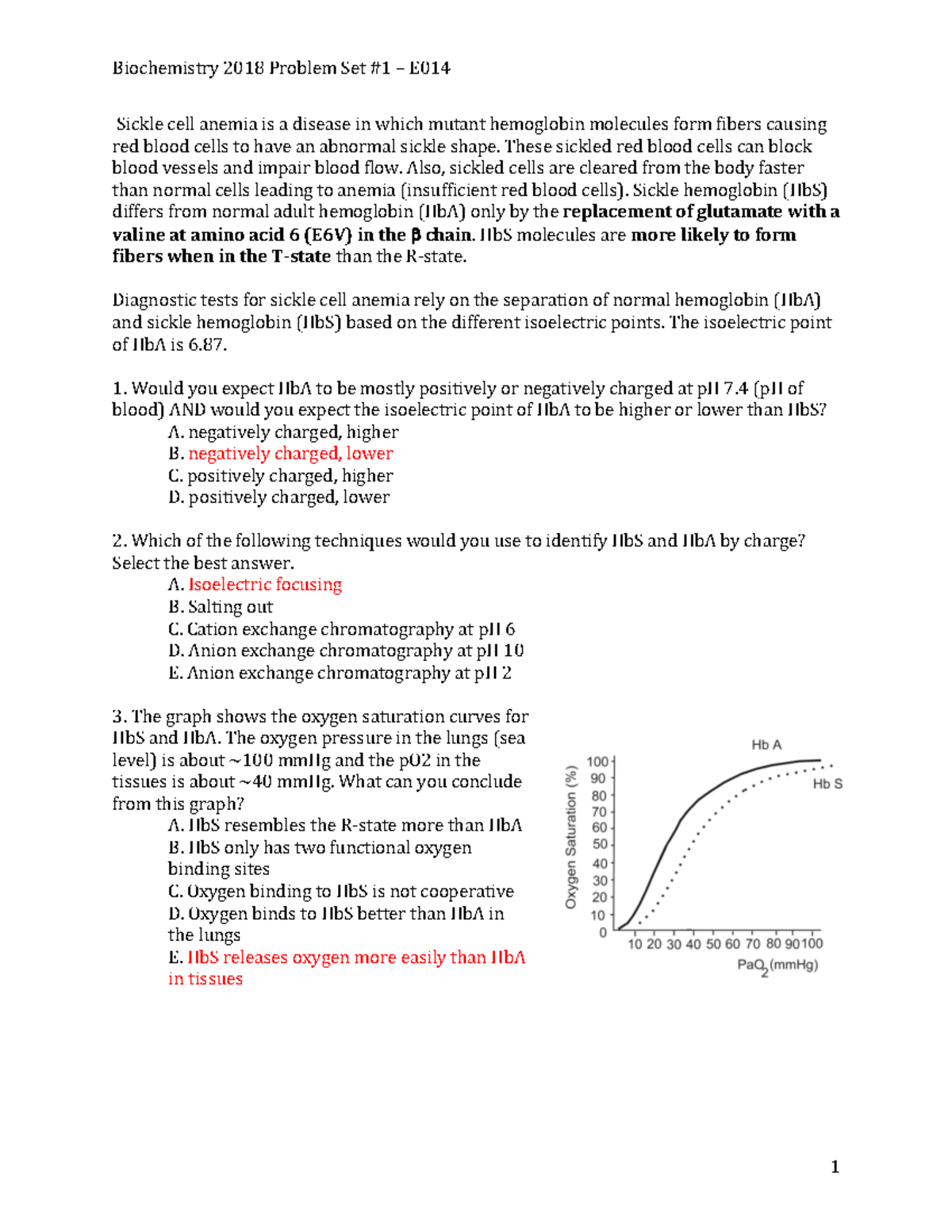 Sickle Cell Anemia problem set 2018 Key - Biochemistry 2018 Problem Set ...