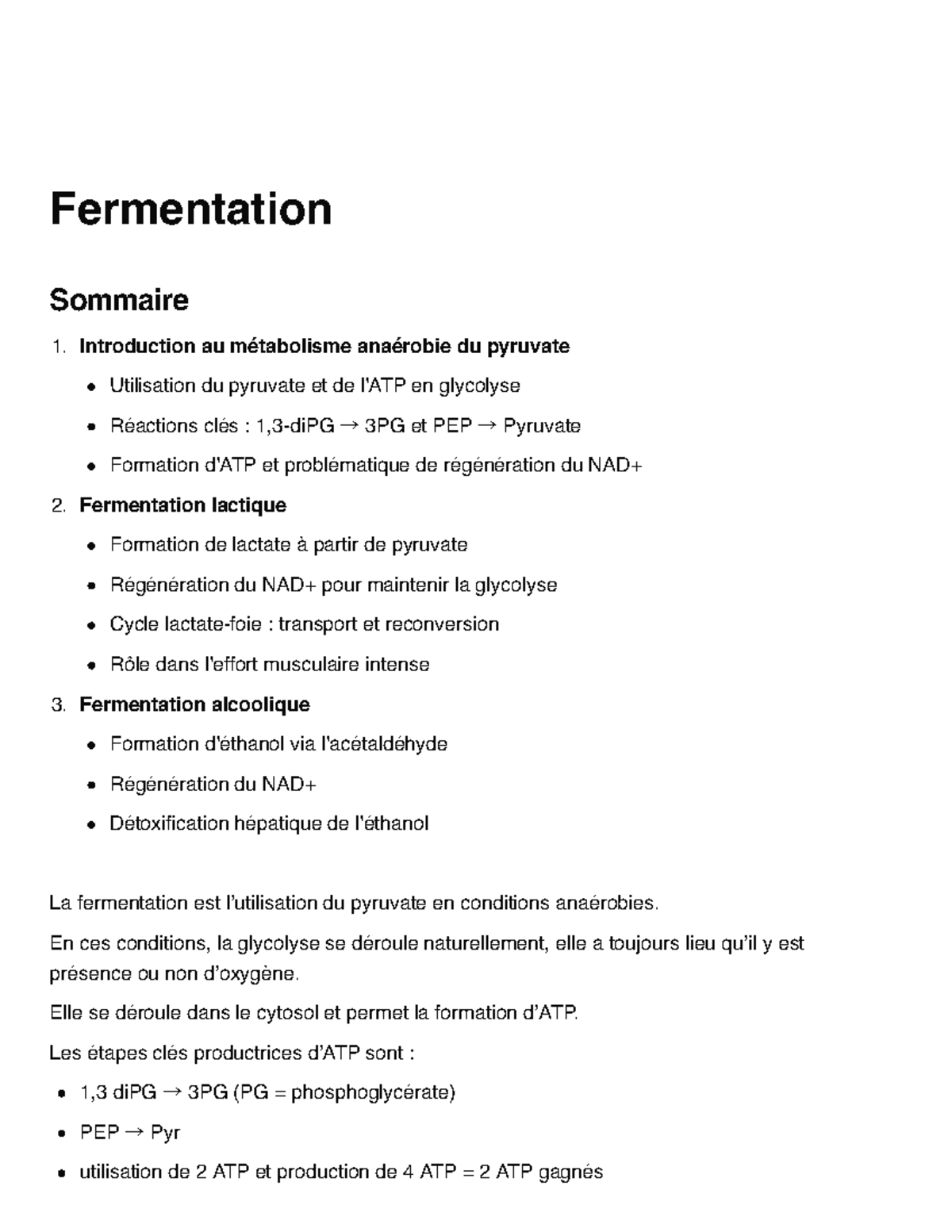 Fermentation: Métabolisme Anaérobie et Types de Fermentation - Studocu